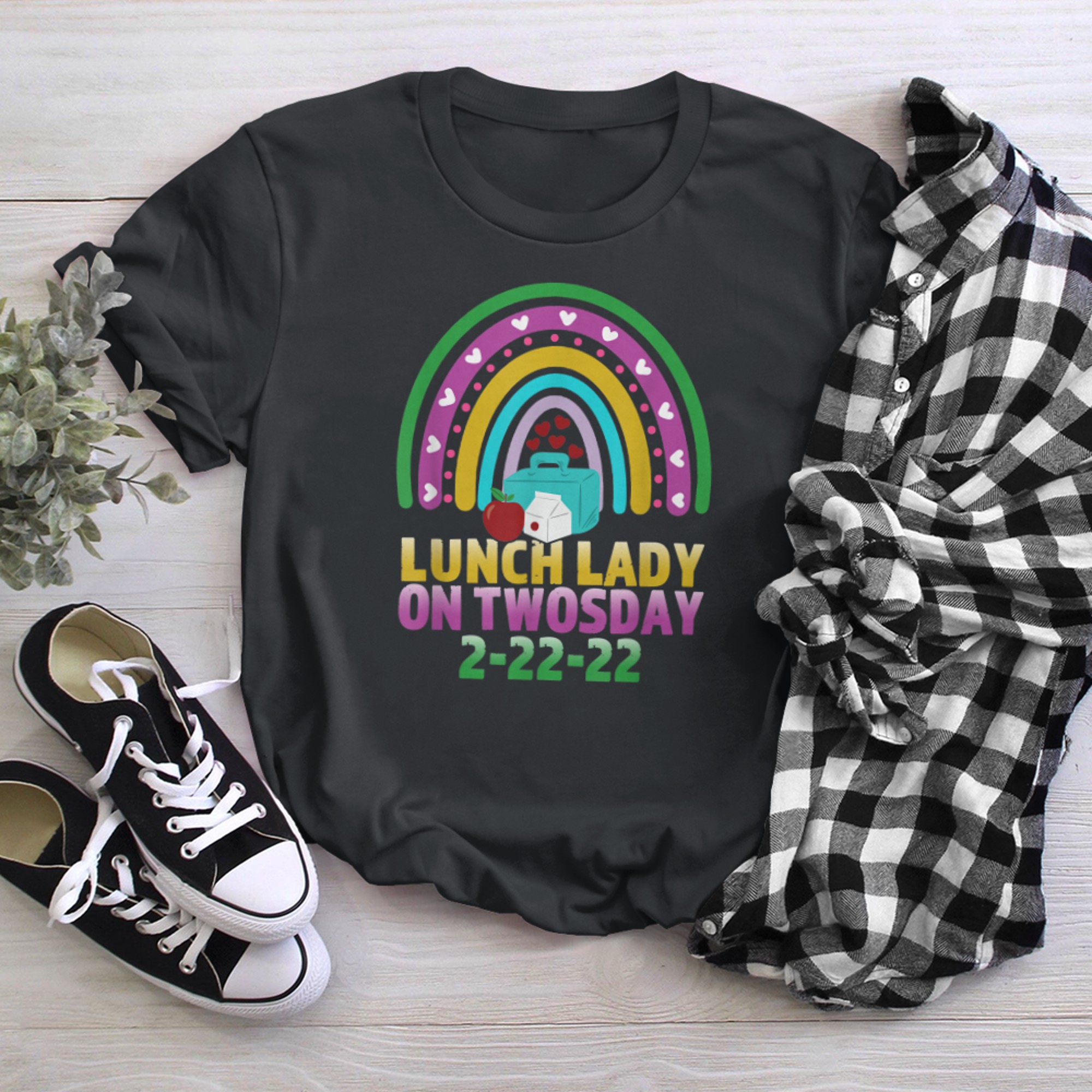 Lunch Lady On twosday Shirt 2-22-Rainbow Cafeteria Crew t-shirt black