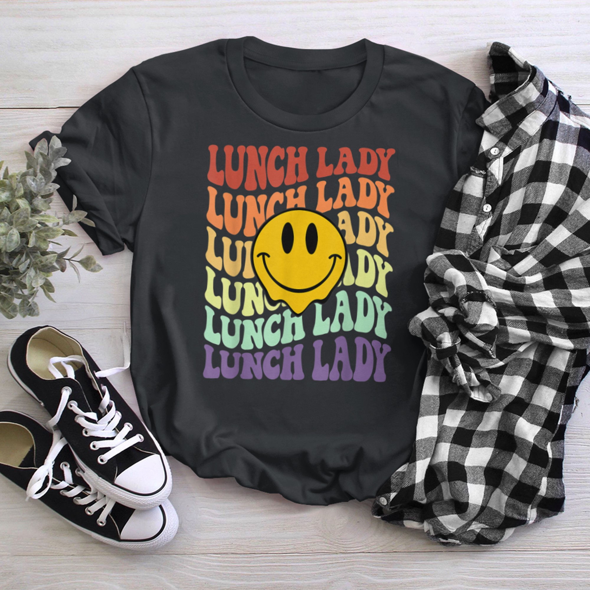 lunch lady retro smile face back to school Cafeteria crew (1) t-shirt black