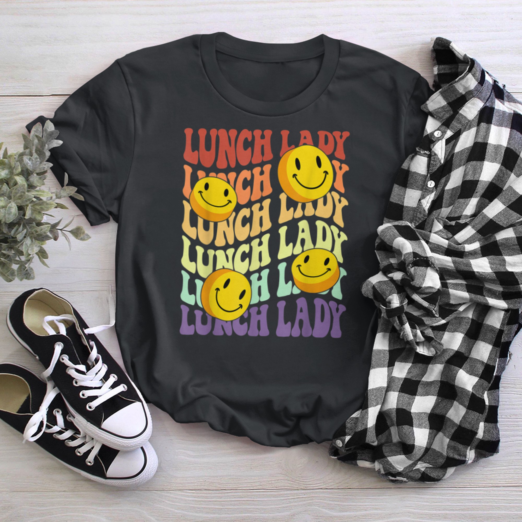 lunch lady retro smile face back to school Cafeteria crew (2) t-shirt black