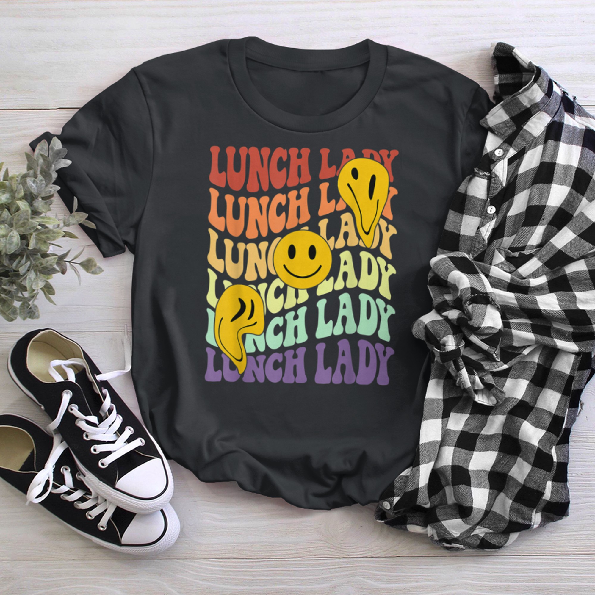 lunch lady retro smile face back to school Cafeteria crew (3) t-shirt black