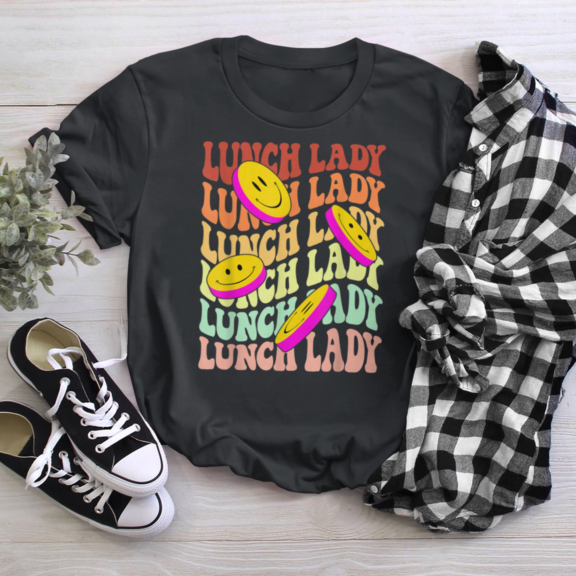 lunch lady retro smile face back to school Cafeteria crew (4) t-shirt black