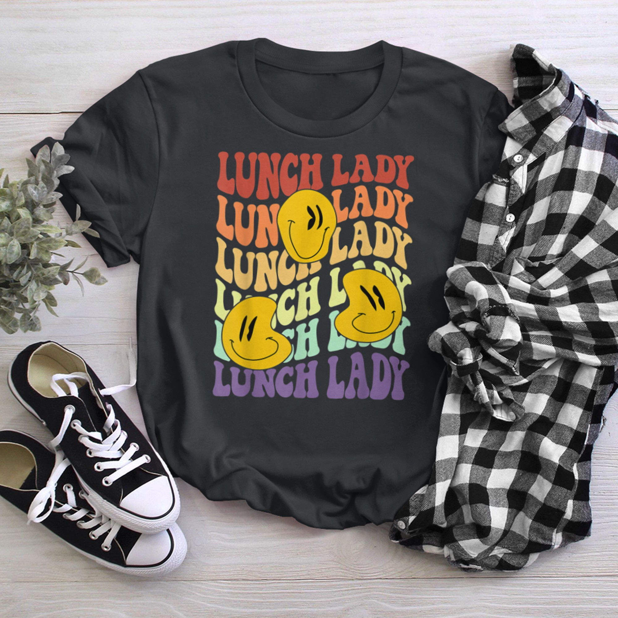 lunch lady retro smile face back to school Cafeteria crew t-shirt black