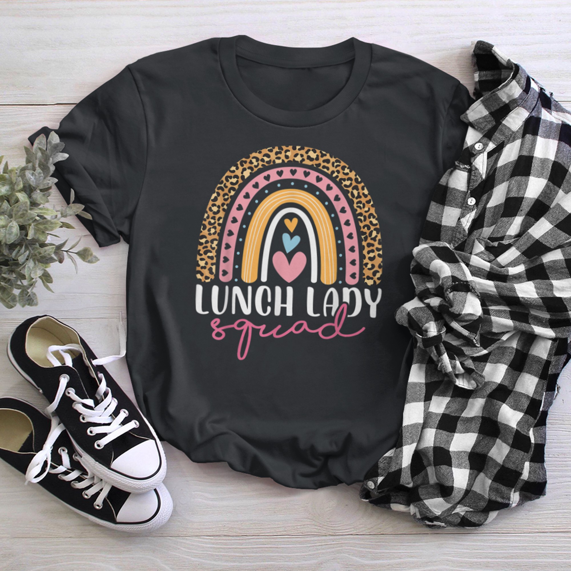 Lunch Lady Squad Cafeteria Crew Leopard Rainbow Valentines t-shirt black