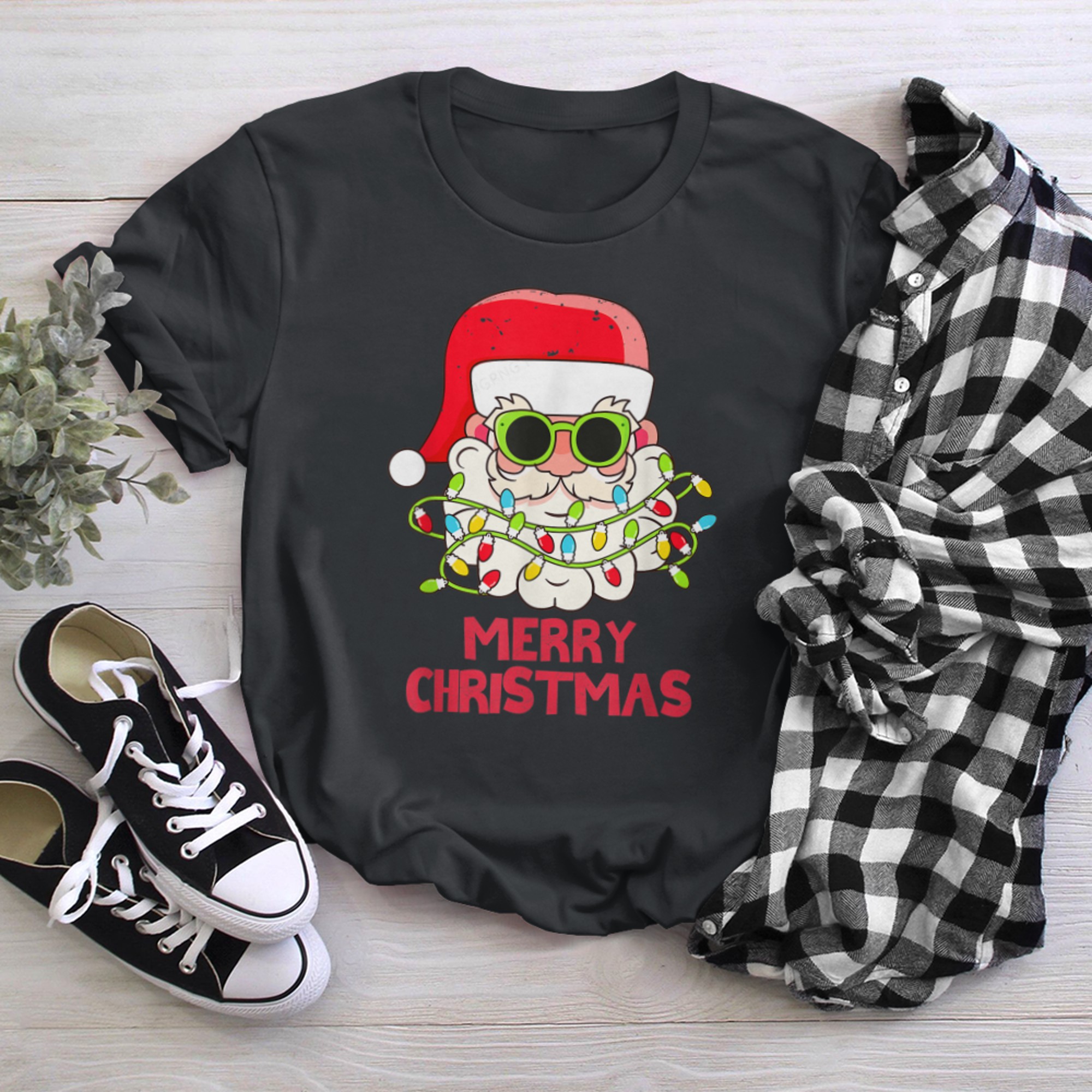 Merry Christmas Cute Santa Claus With Christmas Lights Pj's t-shirt black