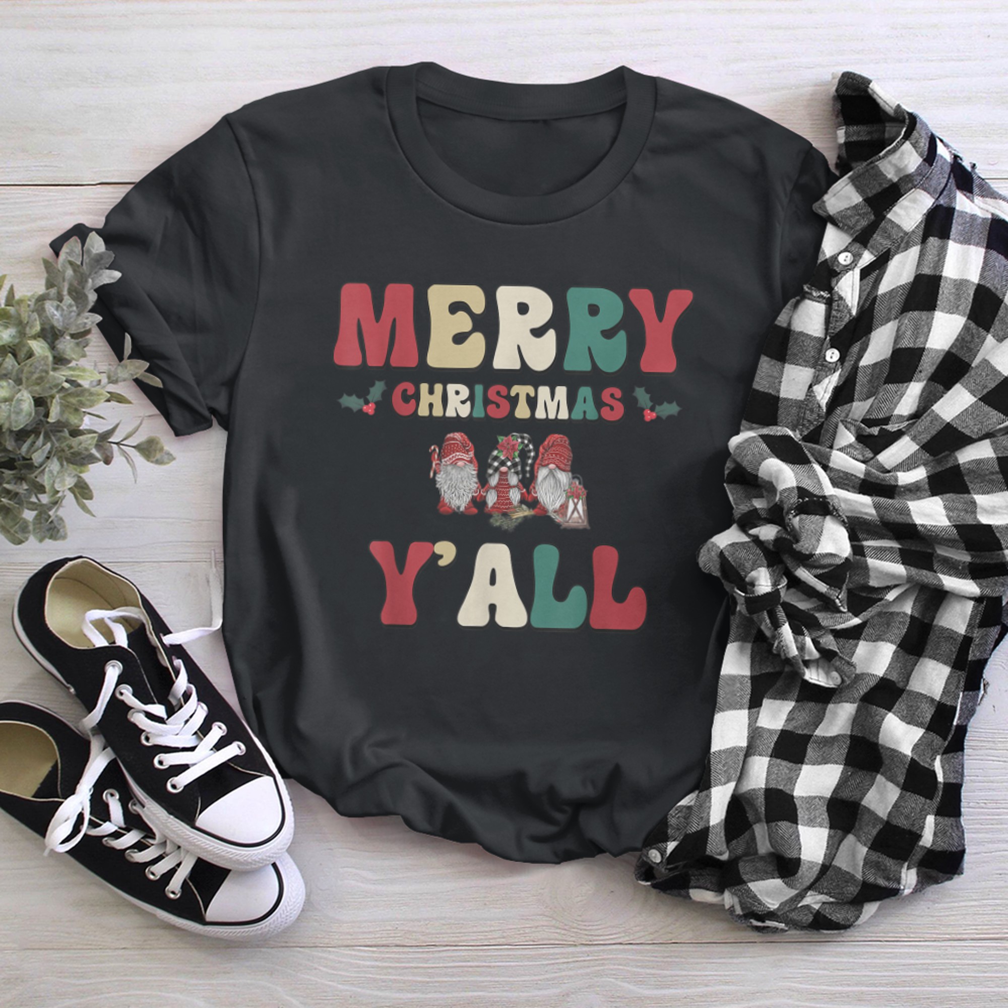 Merry Christmas Y'all Gnome Santa Claus Family Xmas Pajama t-shirt black