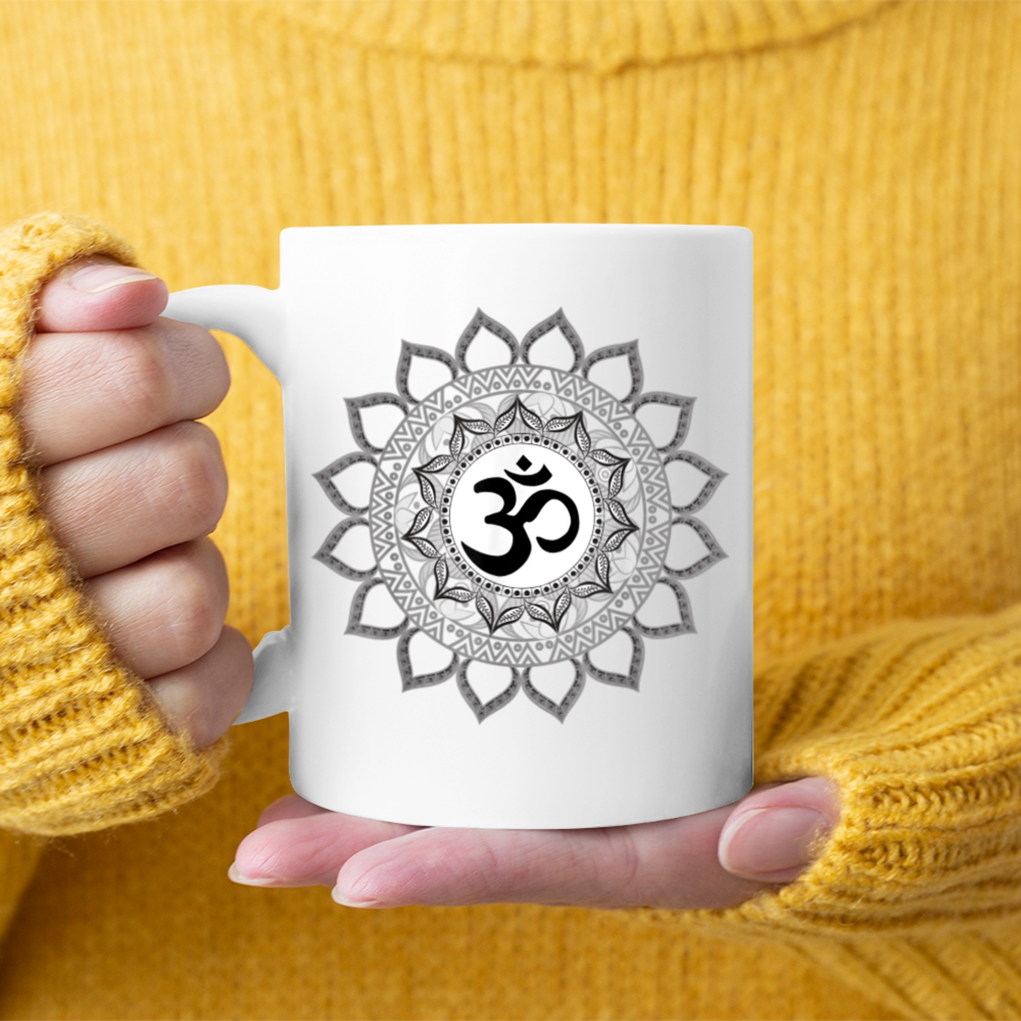 Om Mandala Symbol for Yoga Meditation Students mug white