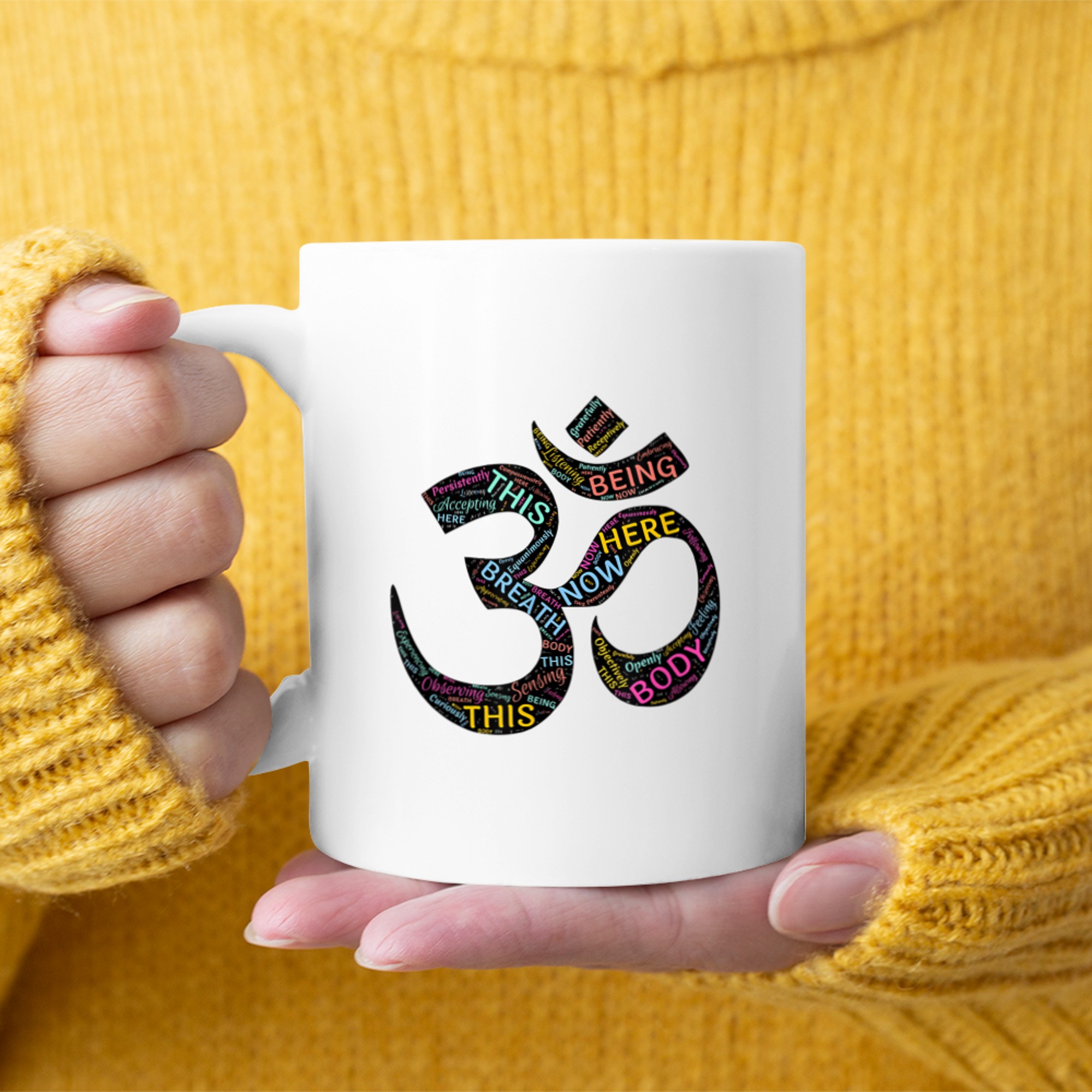 Om Symbol with meditation, yoga & mindfulness words inside mug white