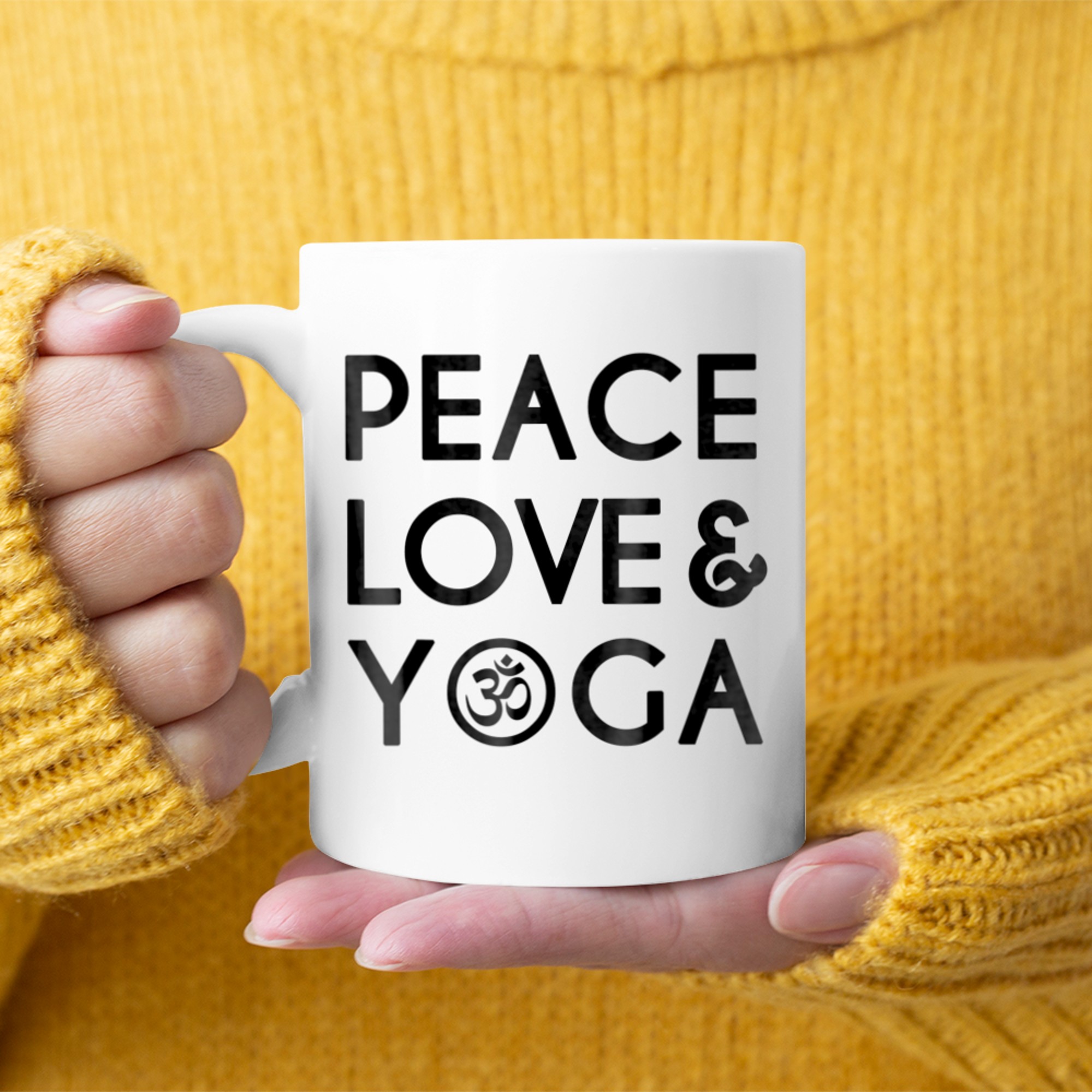 Peace Love and Yoga Om Symbol Yogi Yoga Quote T-Shirts mug white