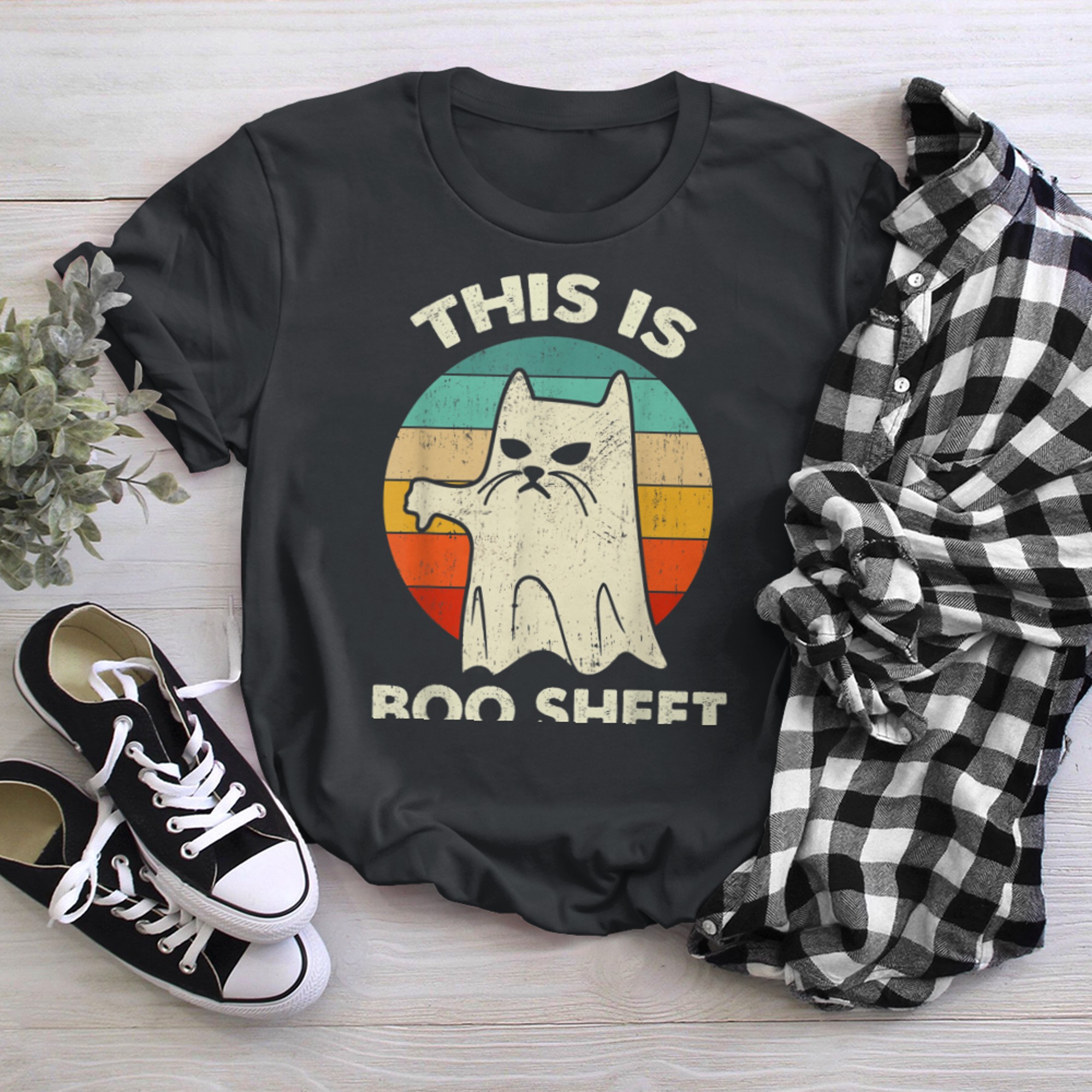 Retro This Is Boo Sheet Cat Ghost Funny Halloween Costume t-shirt black