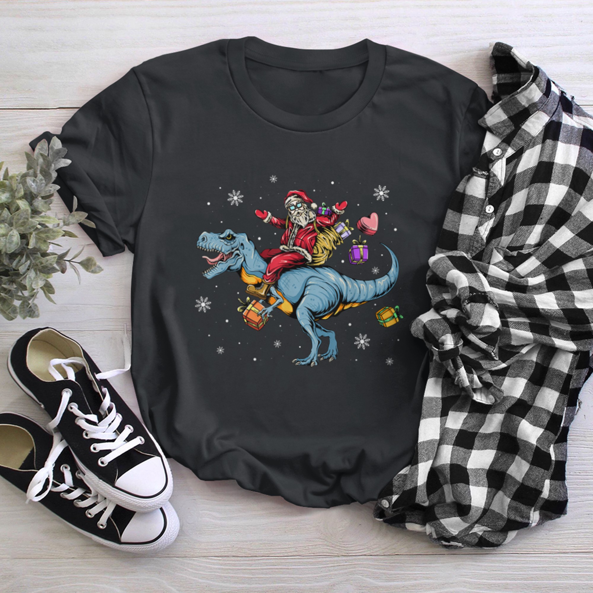 Santa Riding Dinosaur T Rex Xmas Boys Men Christmas t-shirt black