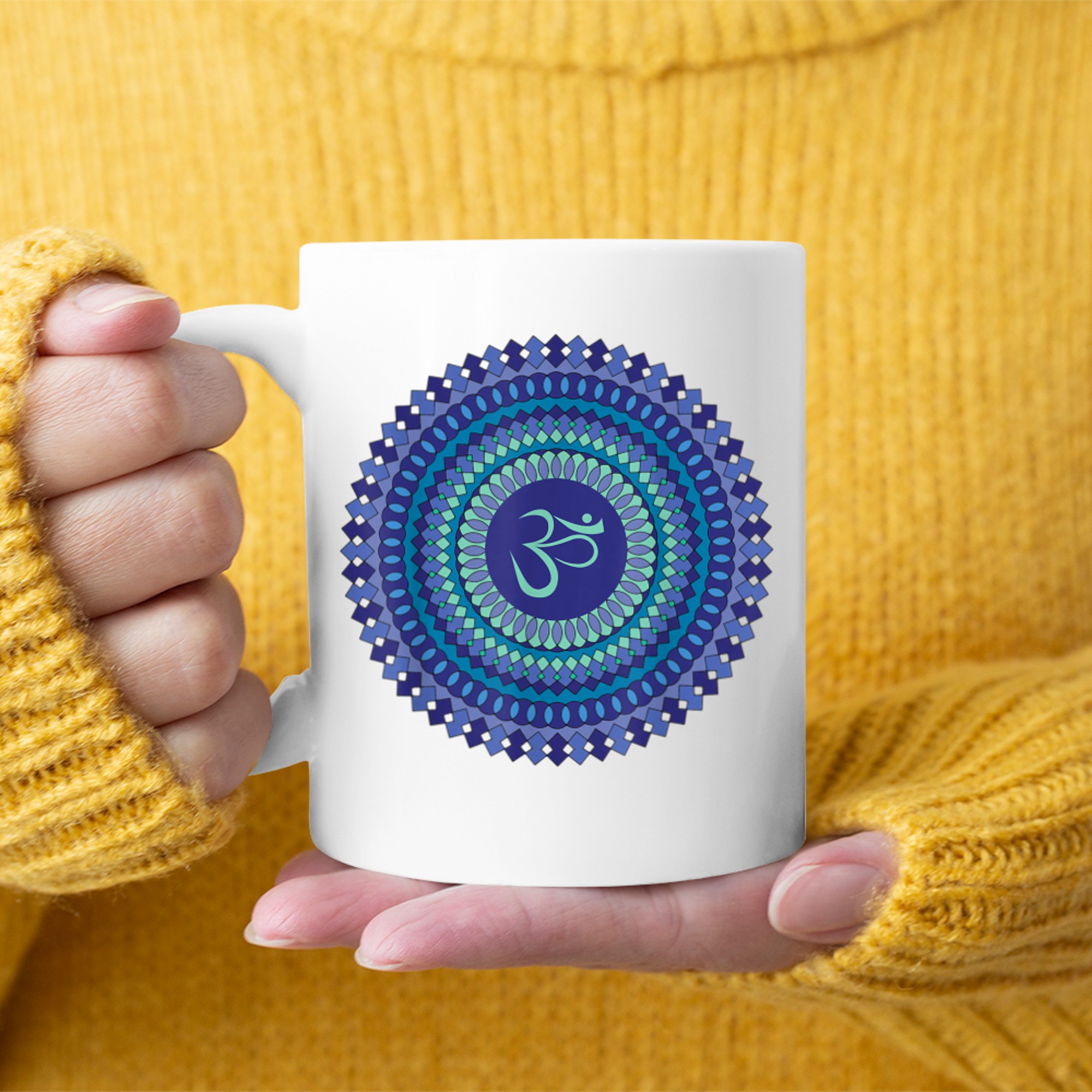 Spiritual Mandala Yoga Om Symbol Purple and Aqua Jewel Tones mug white