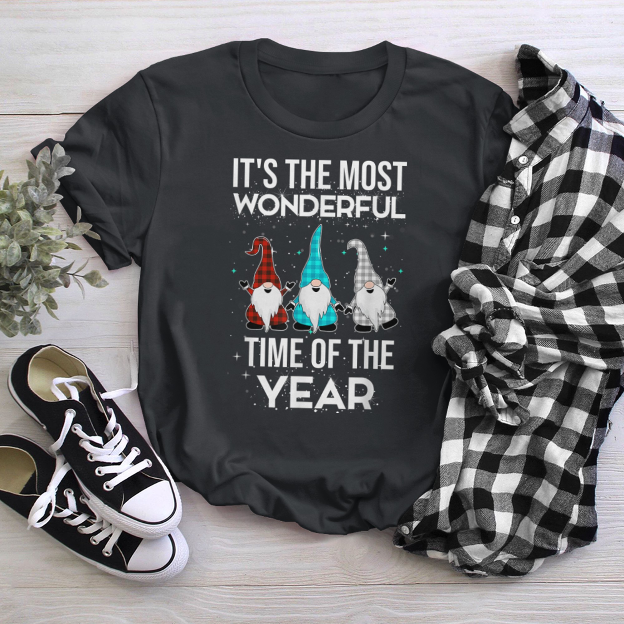 the most wonderful time of the year Buffalo Plaid Gnomies t-shirt black