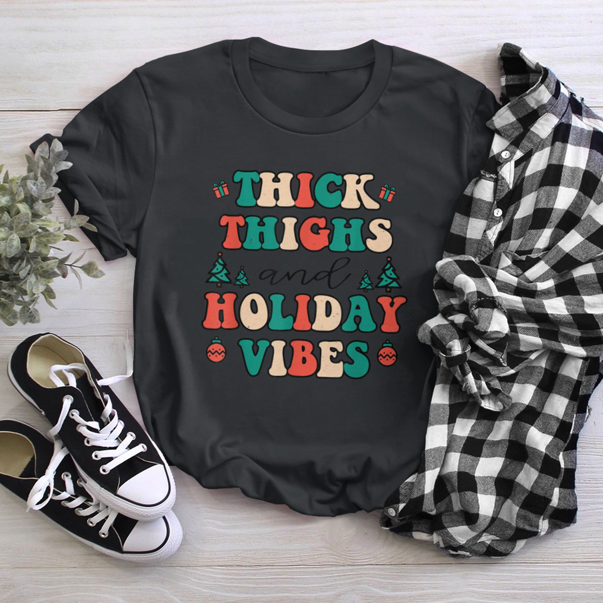 Thick Thighs And Holiday Vibes Matching Family Christmas PJs t-shirt black