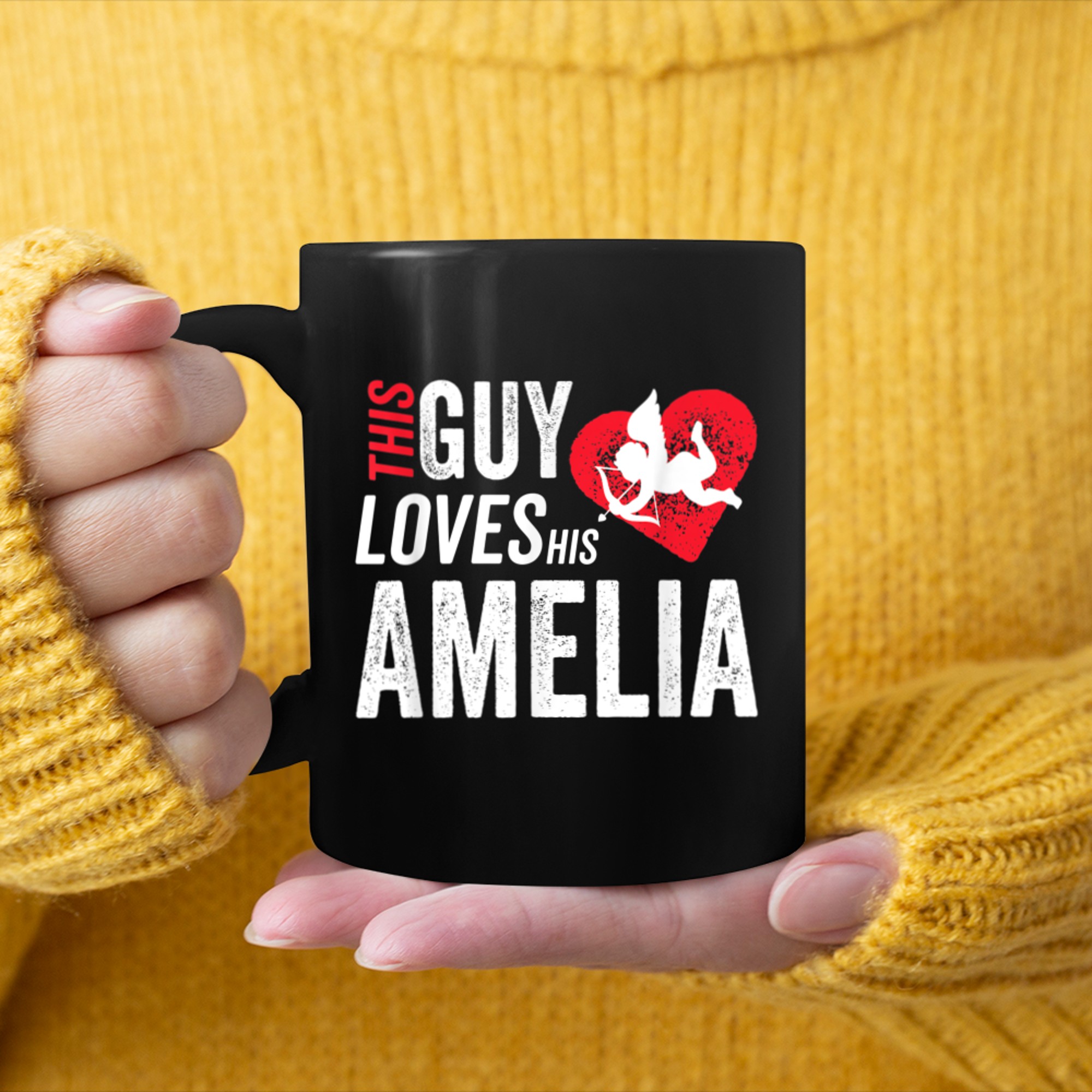 This guy loves his Amelia valentine Anniversary Cupid Heart mug black