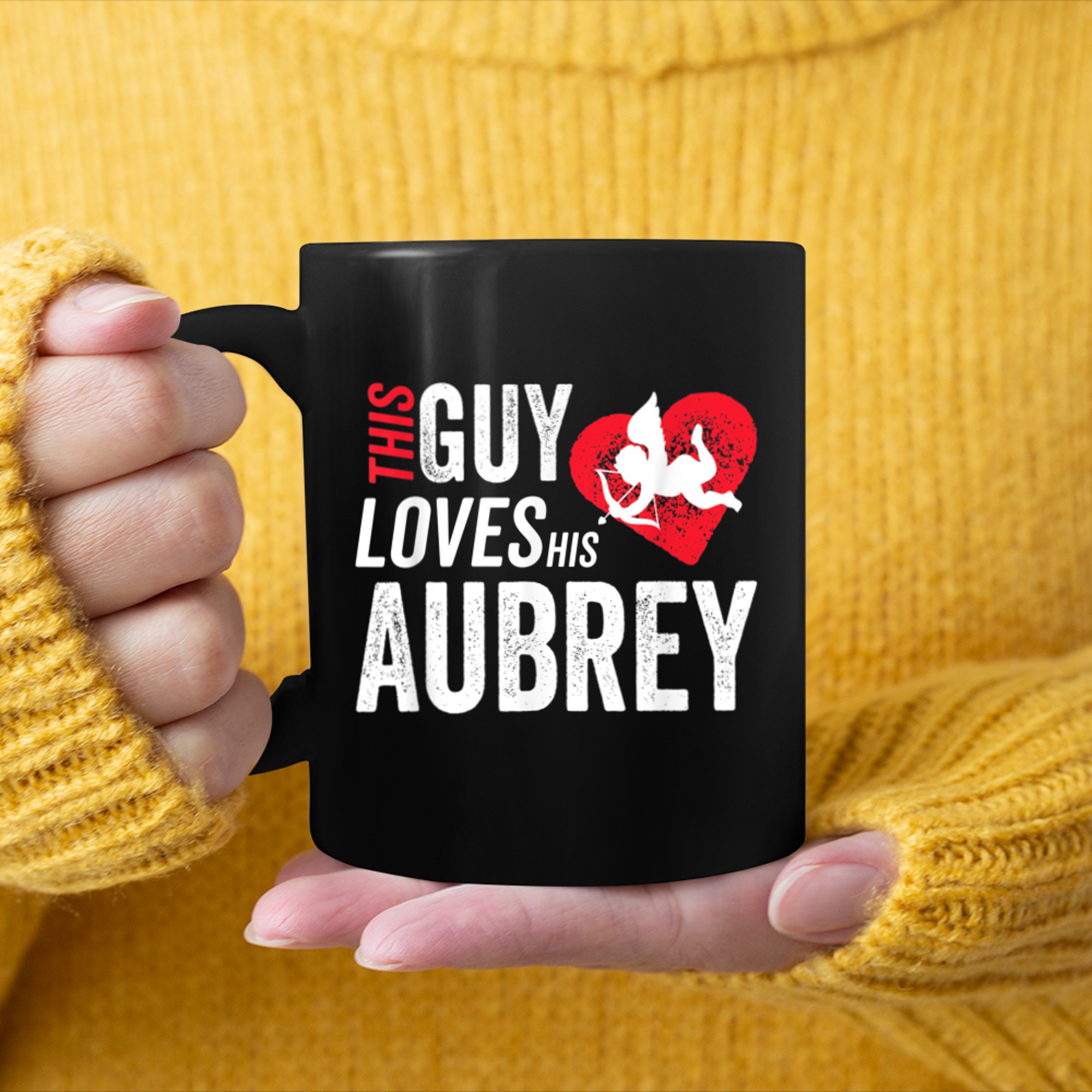 This guy loves his Aubrey Valentine Anniversary Cupid Heart mug black