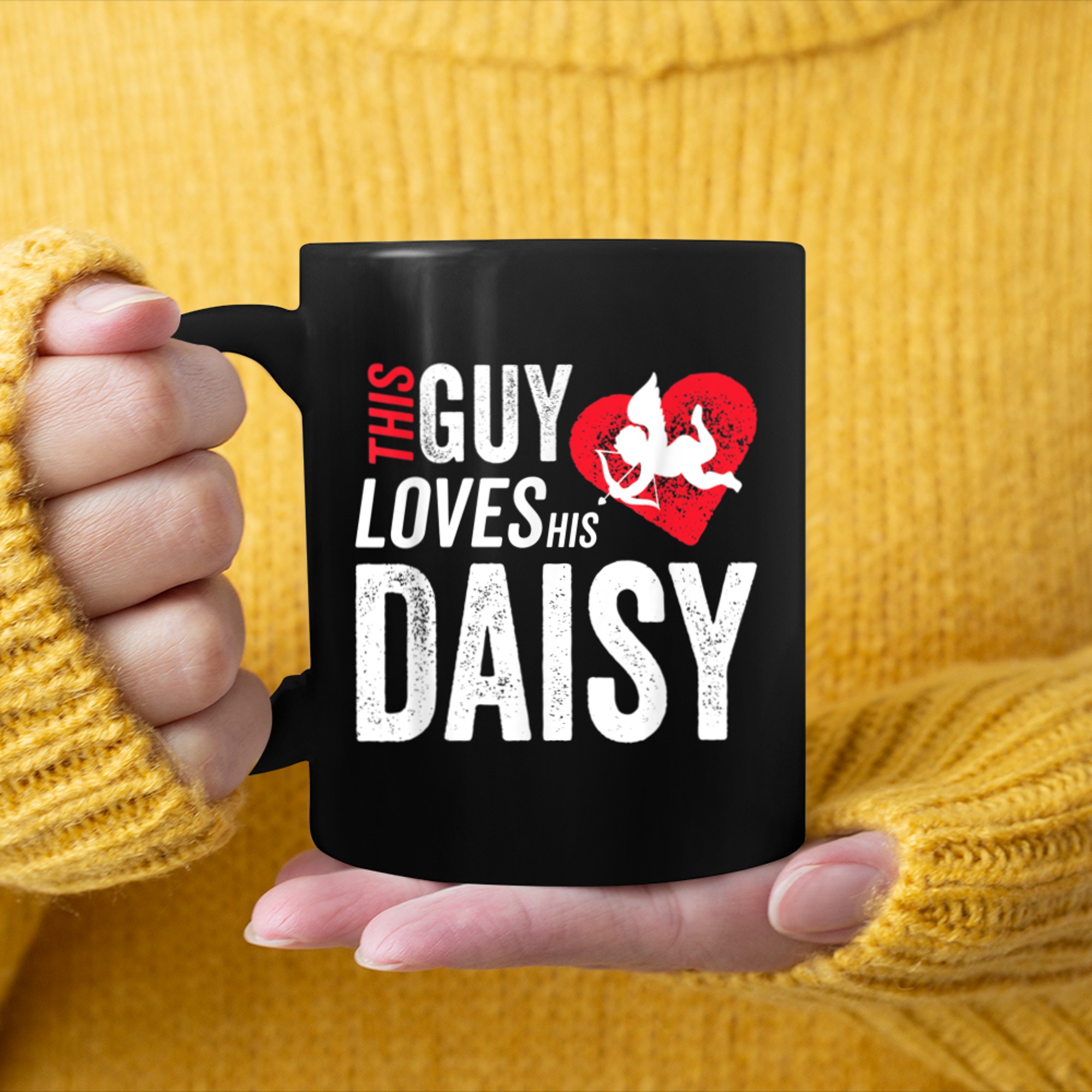 This Guy Loves His Daisy Valentine Anniversary Cupid Heart mug black