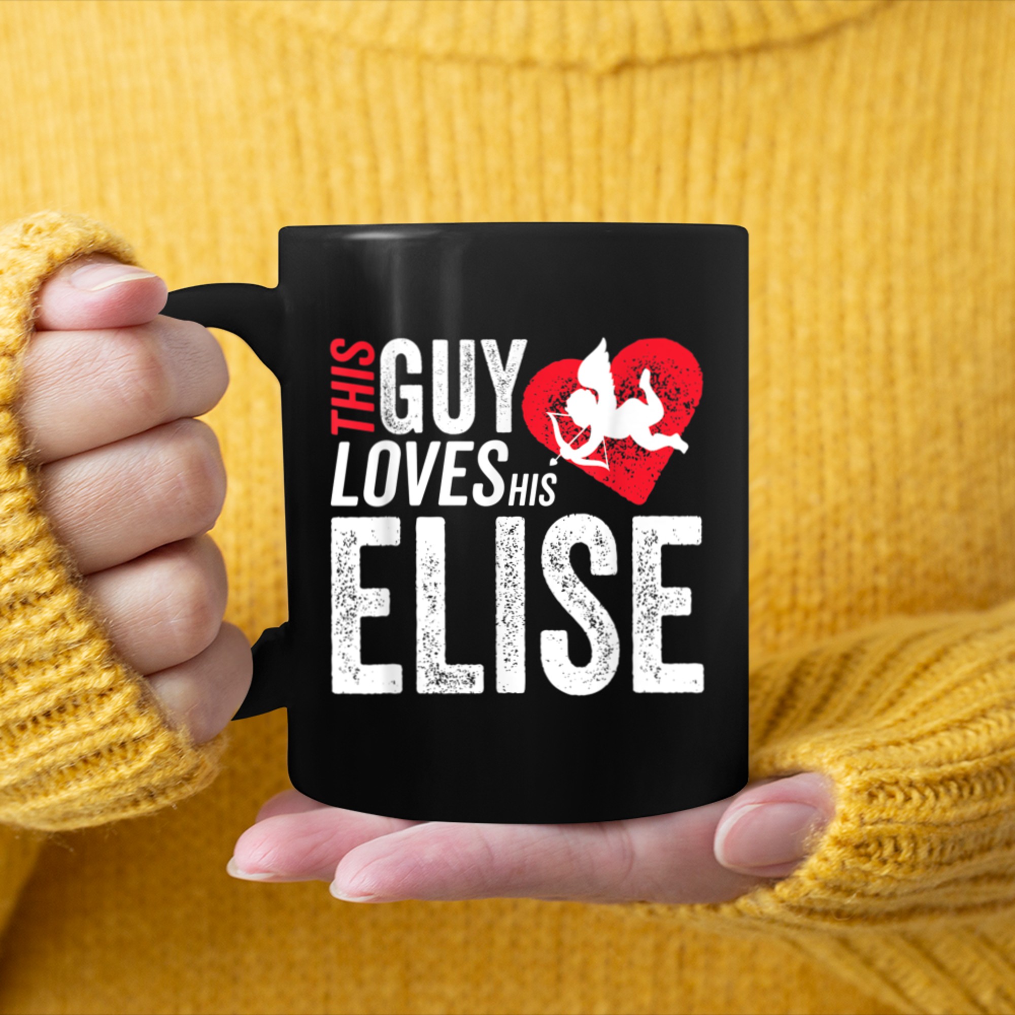 This guy loves his ELISE Valentine Anniversary Cupid Heart mug black