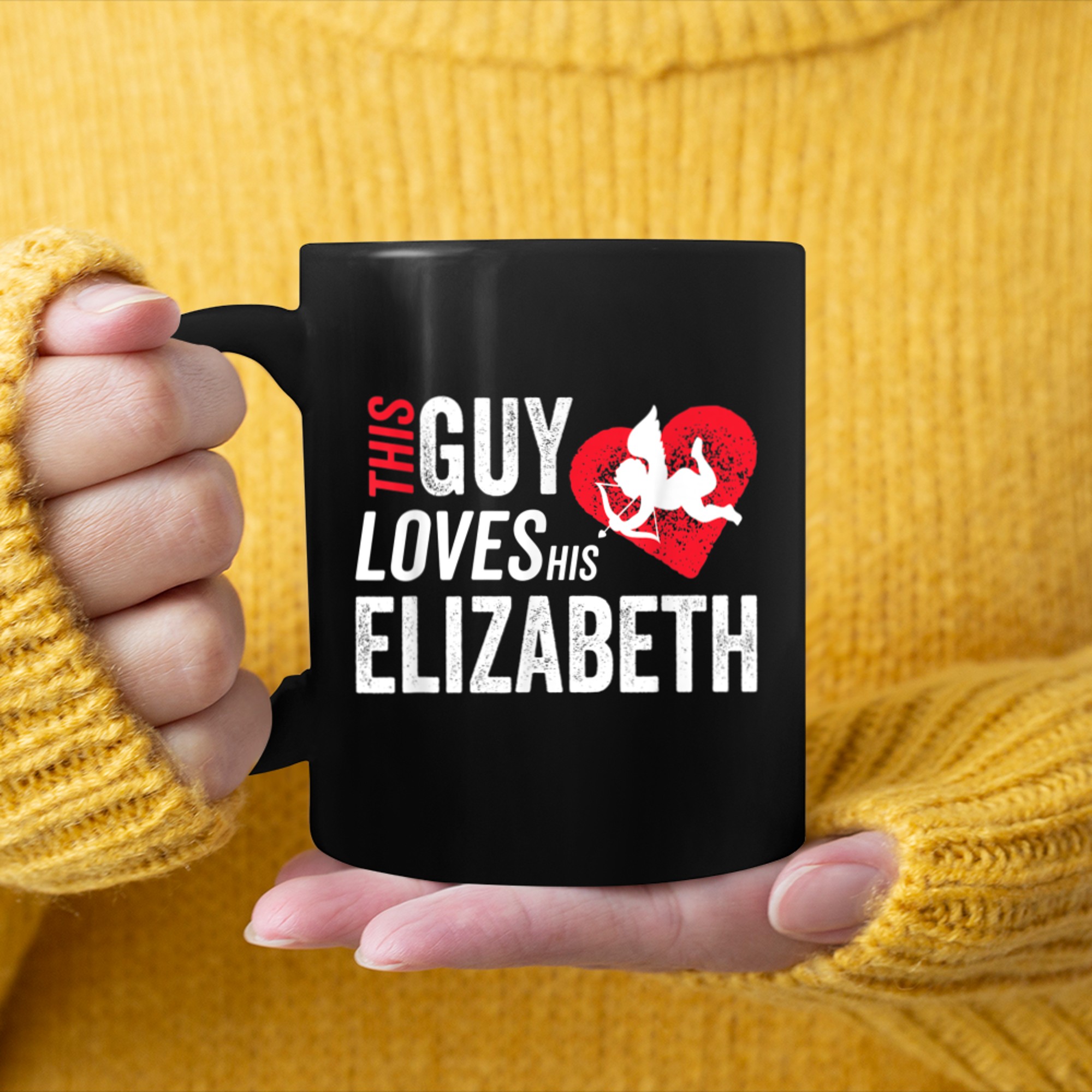 This guy loves his Elizabeth valentine Anniversary Cupid mug black