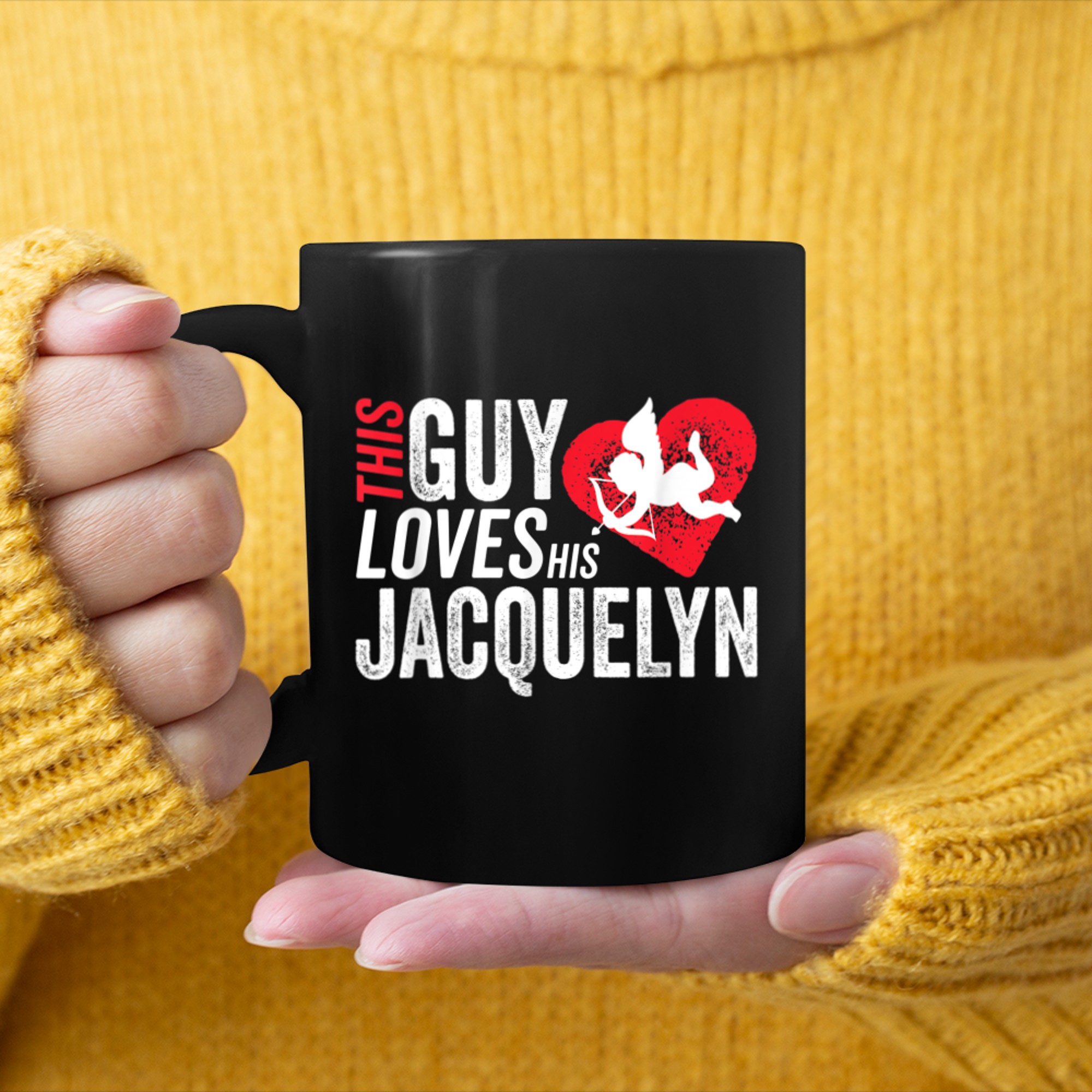 This guy loves his JACQUELYN Valentine Anniversary Cupid mug black