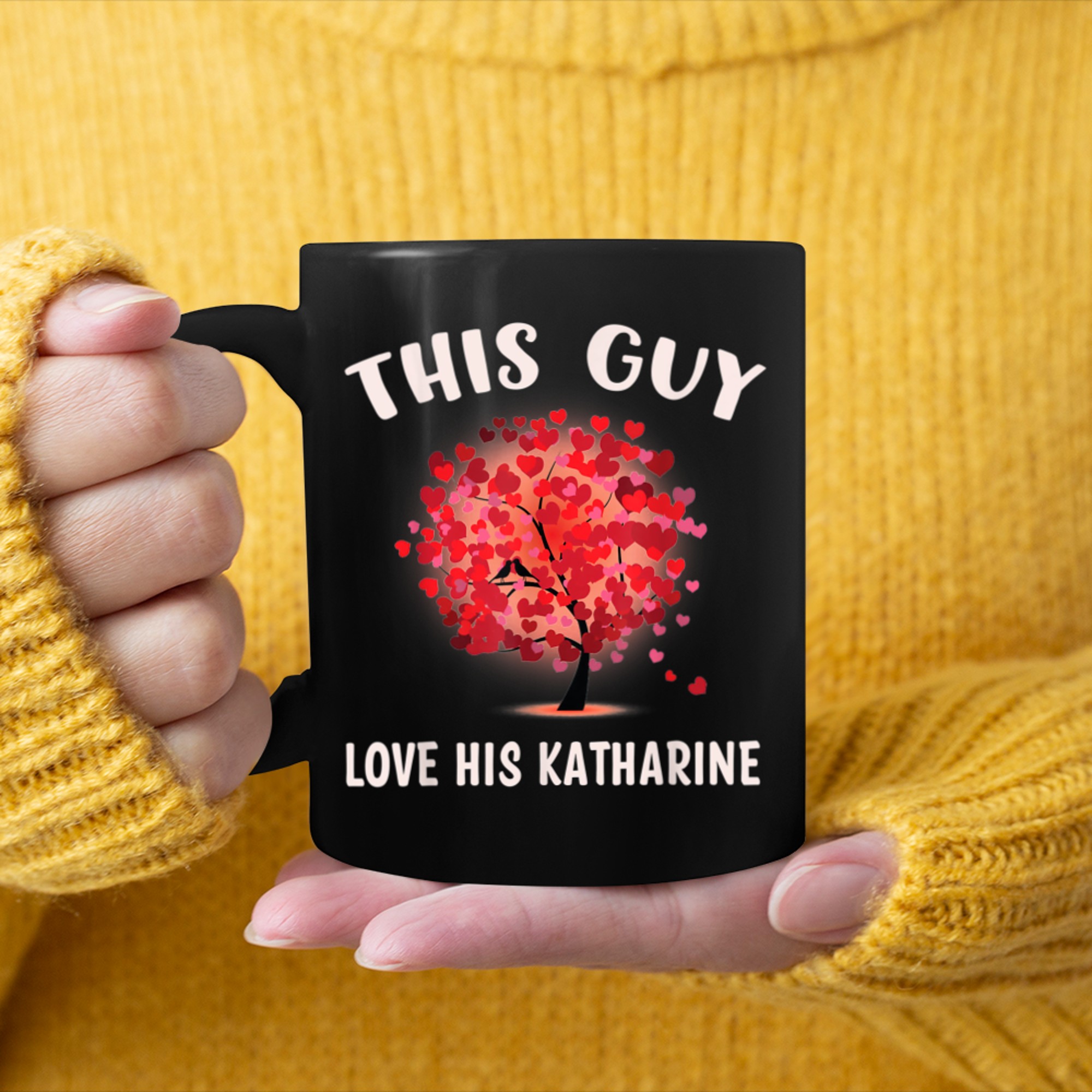 This Guy Loves His KATHARINE Valentine Tree Cupid Heart mug black