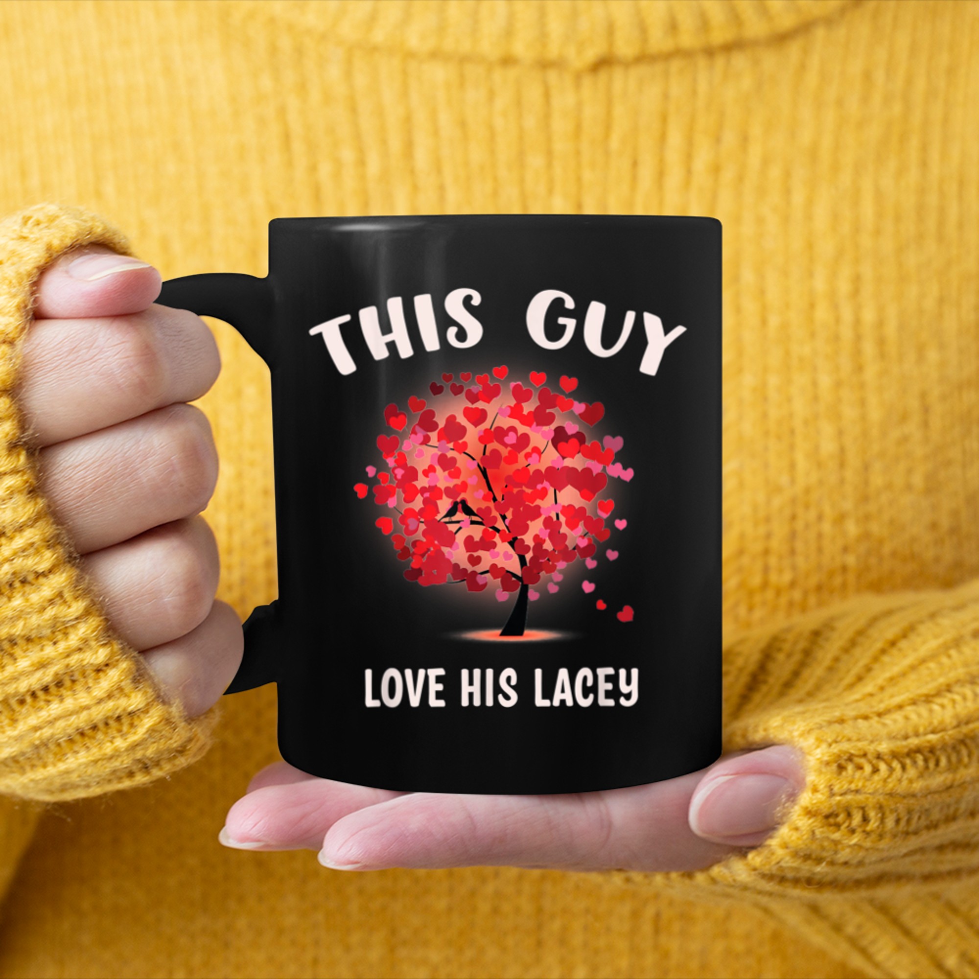 This Guy Loves His LACEY Valentine Tree Cupid Heart mug black