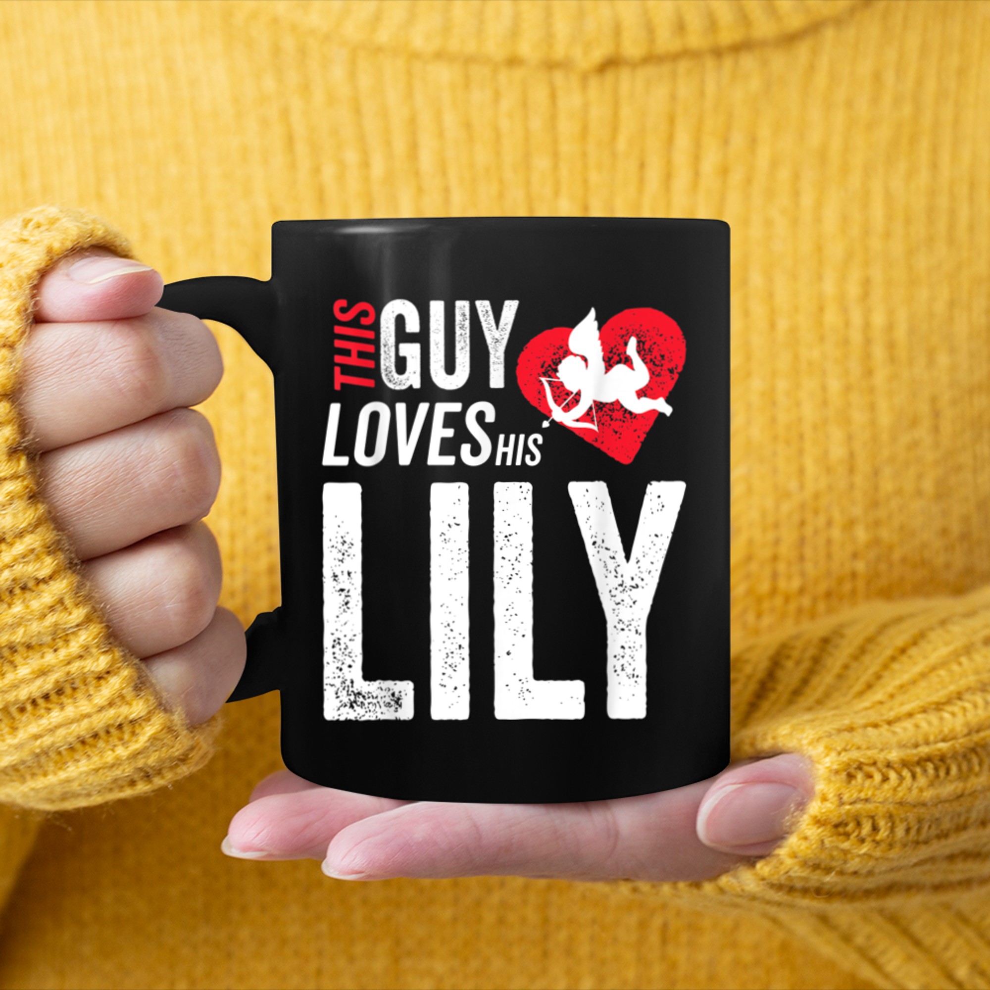 This guy loves his Lily Valentine Anniversary Cupid mug black