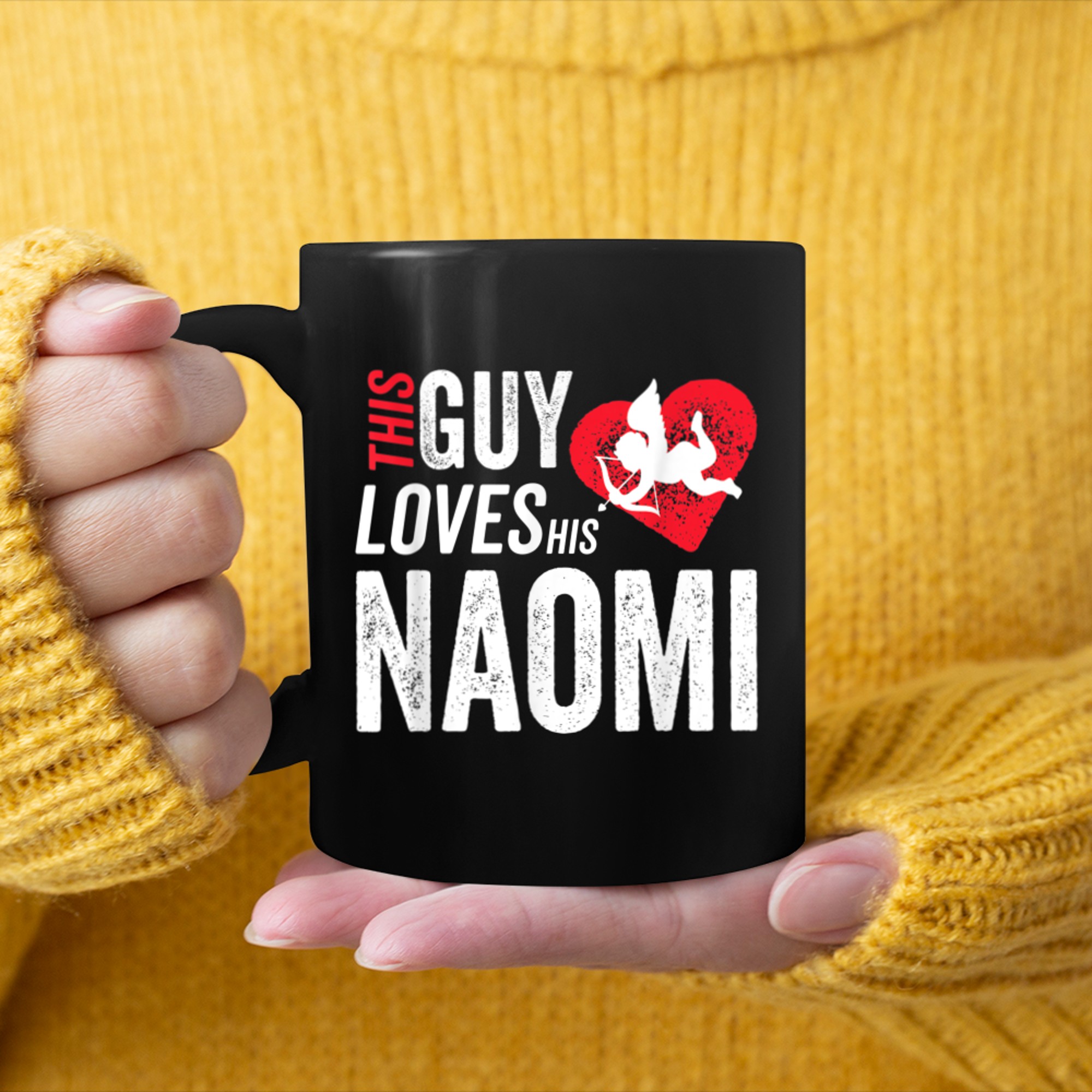 This guy loves his Naomi Valentine Anniversary Cupid Heart mug black