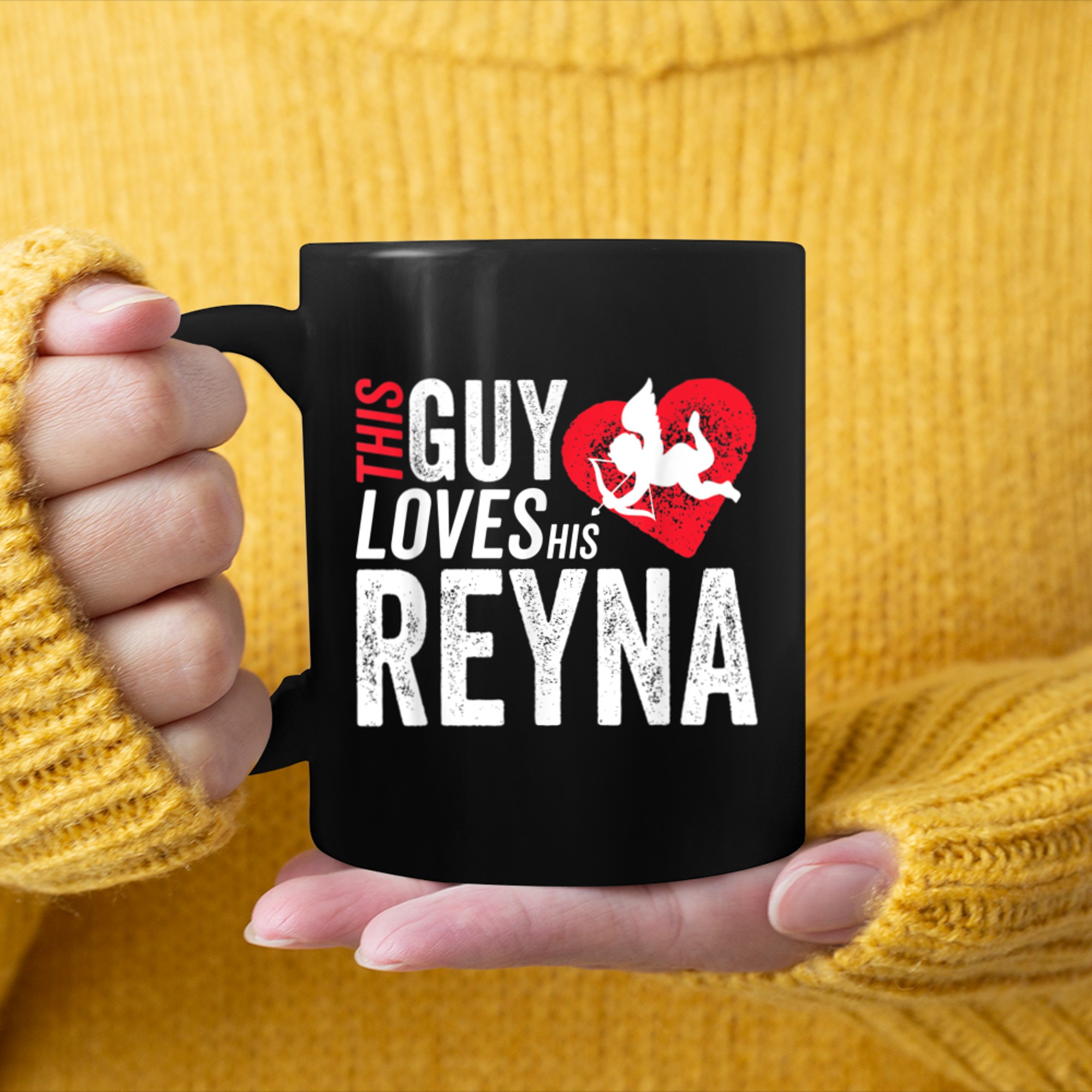 This Guy loves his Reyna valentine Anniversary Cupid Heart mug black