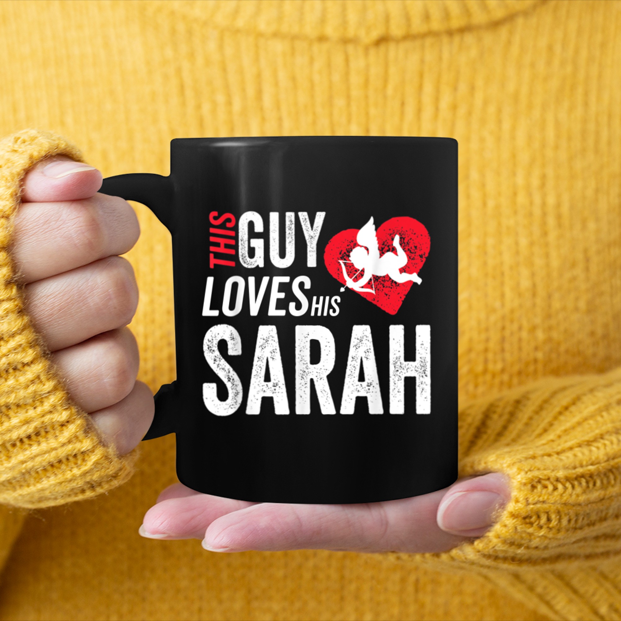 This Guy Loves His Sarah Valentine Anniversary Cupid Heart mug black