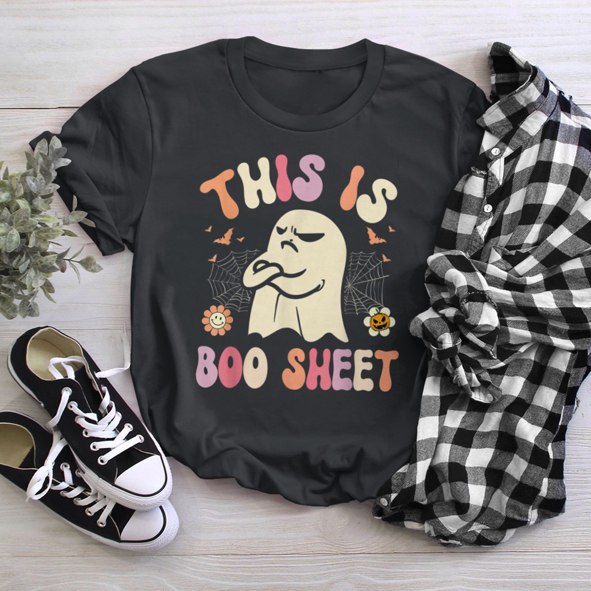 This Is Boo Sheet Ghost Retro Halloween Costume (15) t-shirt black