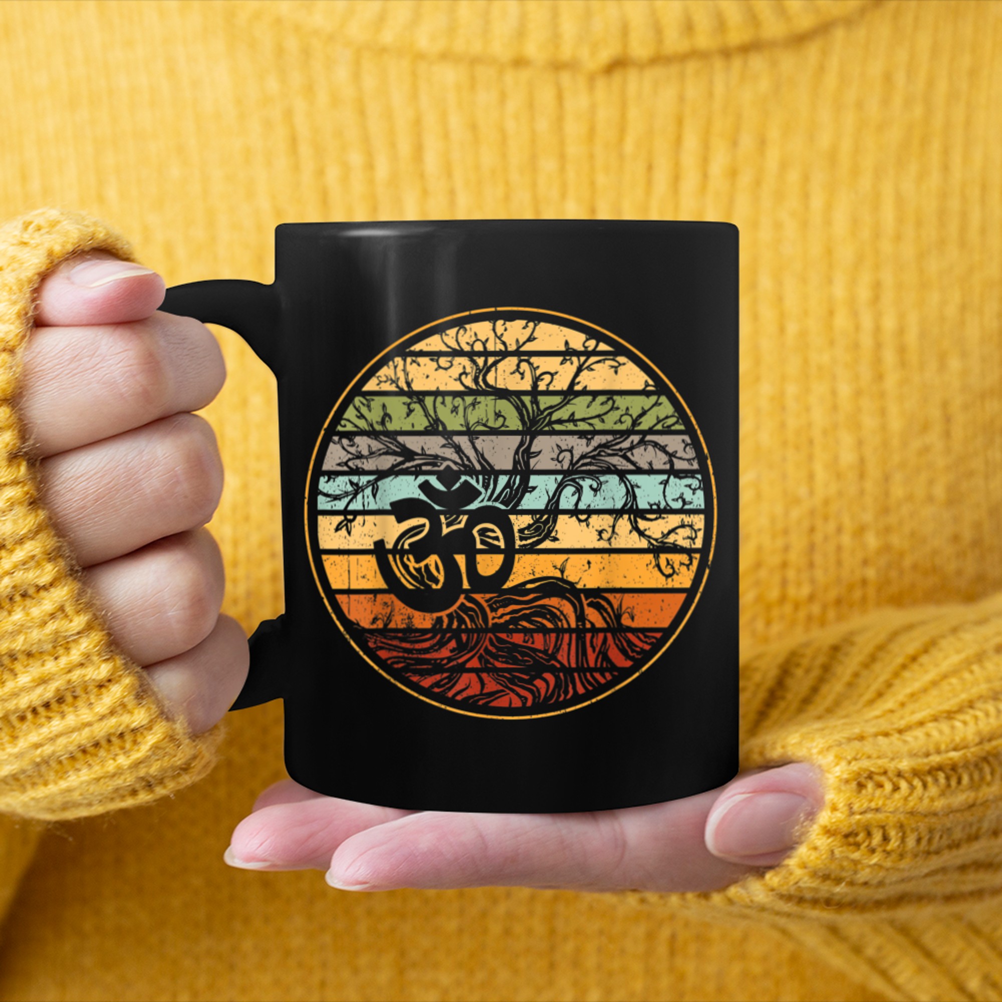 Tree of Life with Om Symbol Yoga Retro (1) mug black