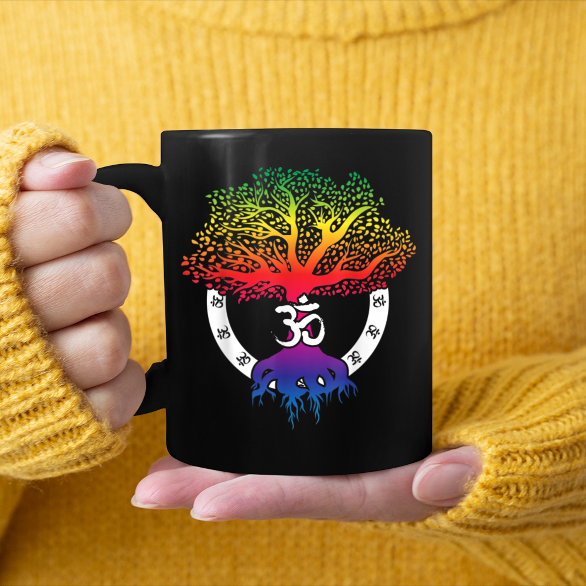 Tree Of Life With Om Symbol Yoga Tshirt mug black