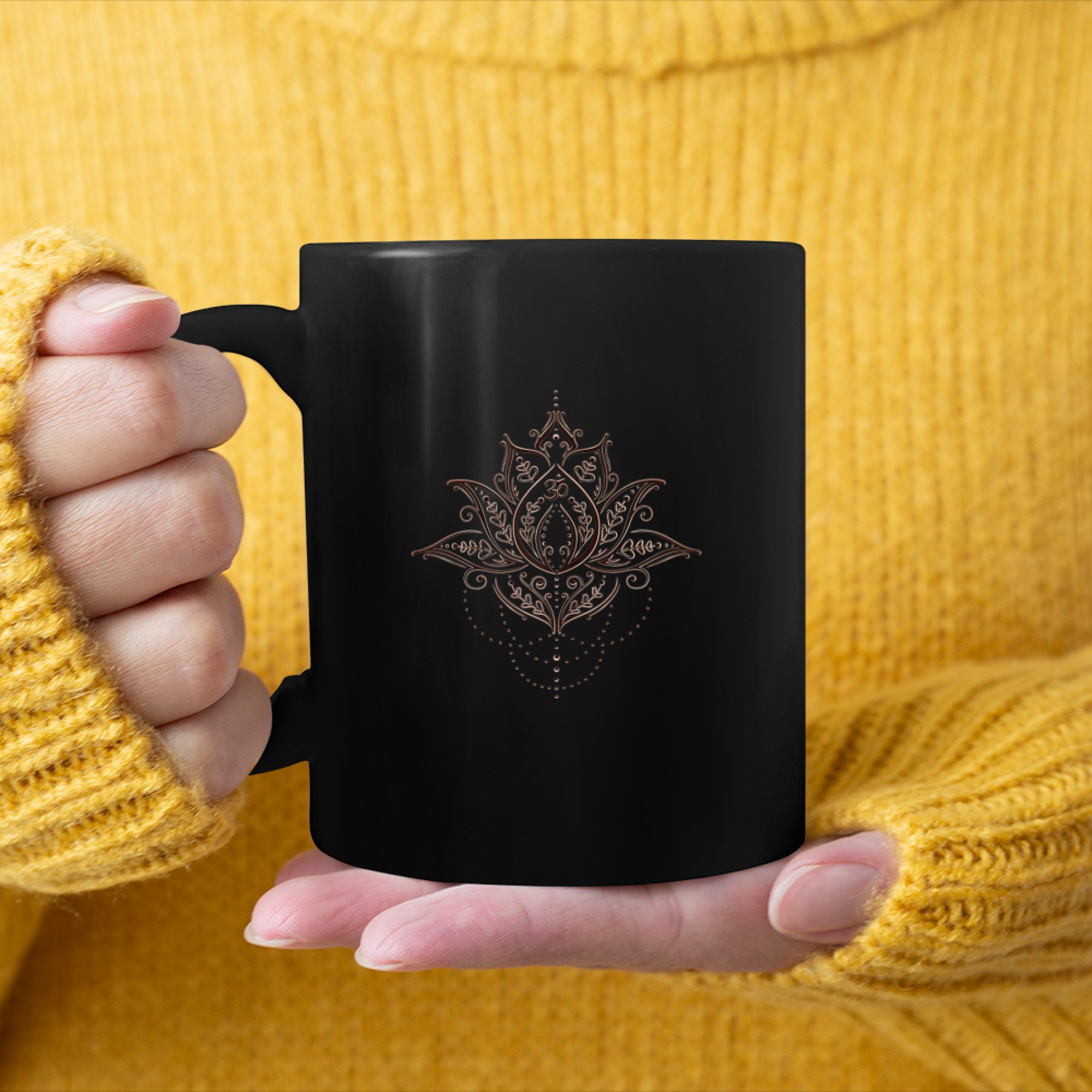 Womens Lotus Flower with Yoga Mehndi Om Symbol Fitness mug black