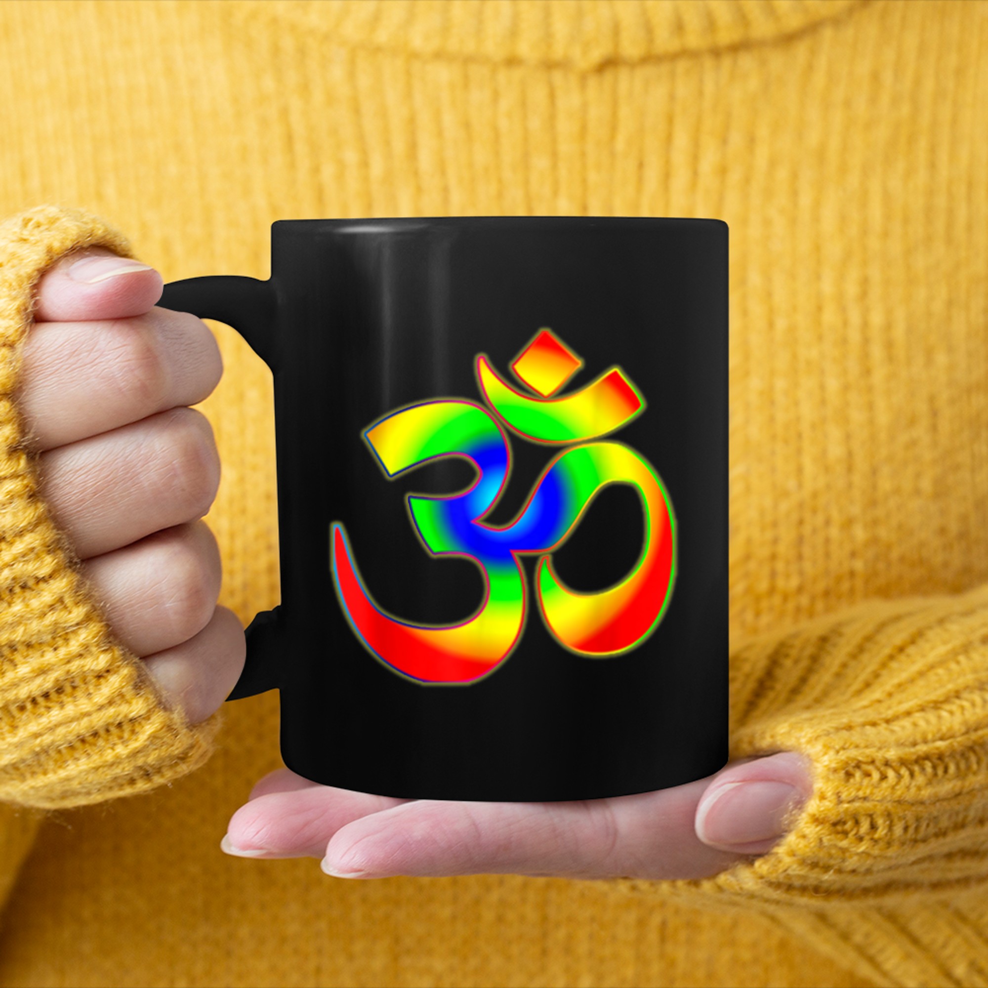 Yoga Om Ohm Spiritual Rainbow Meditation Symbol mug black