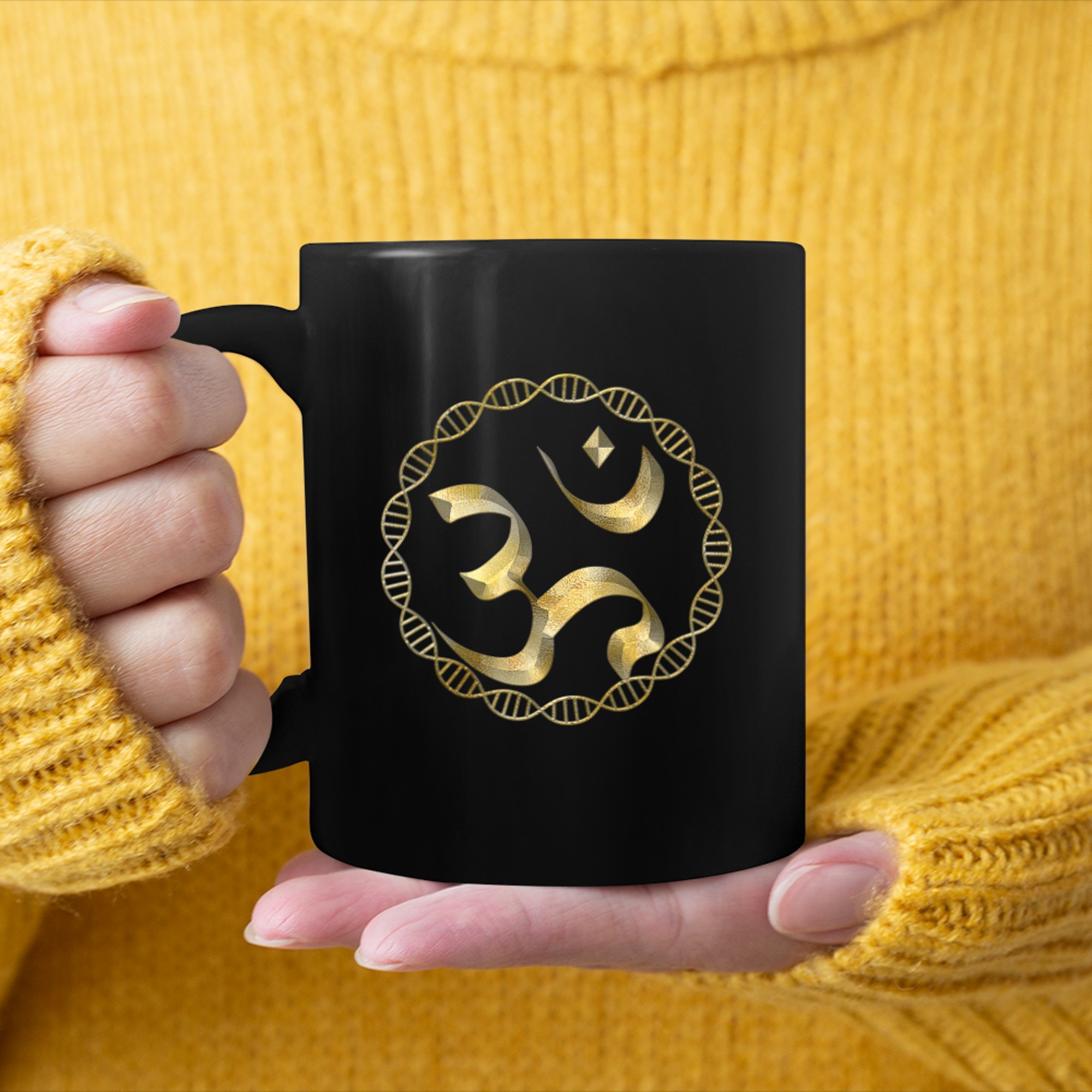 Yoga OM Symbol, DNA Mandala mug black