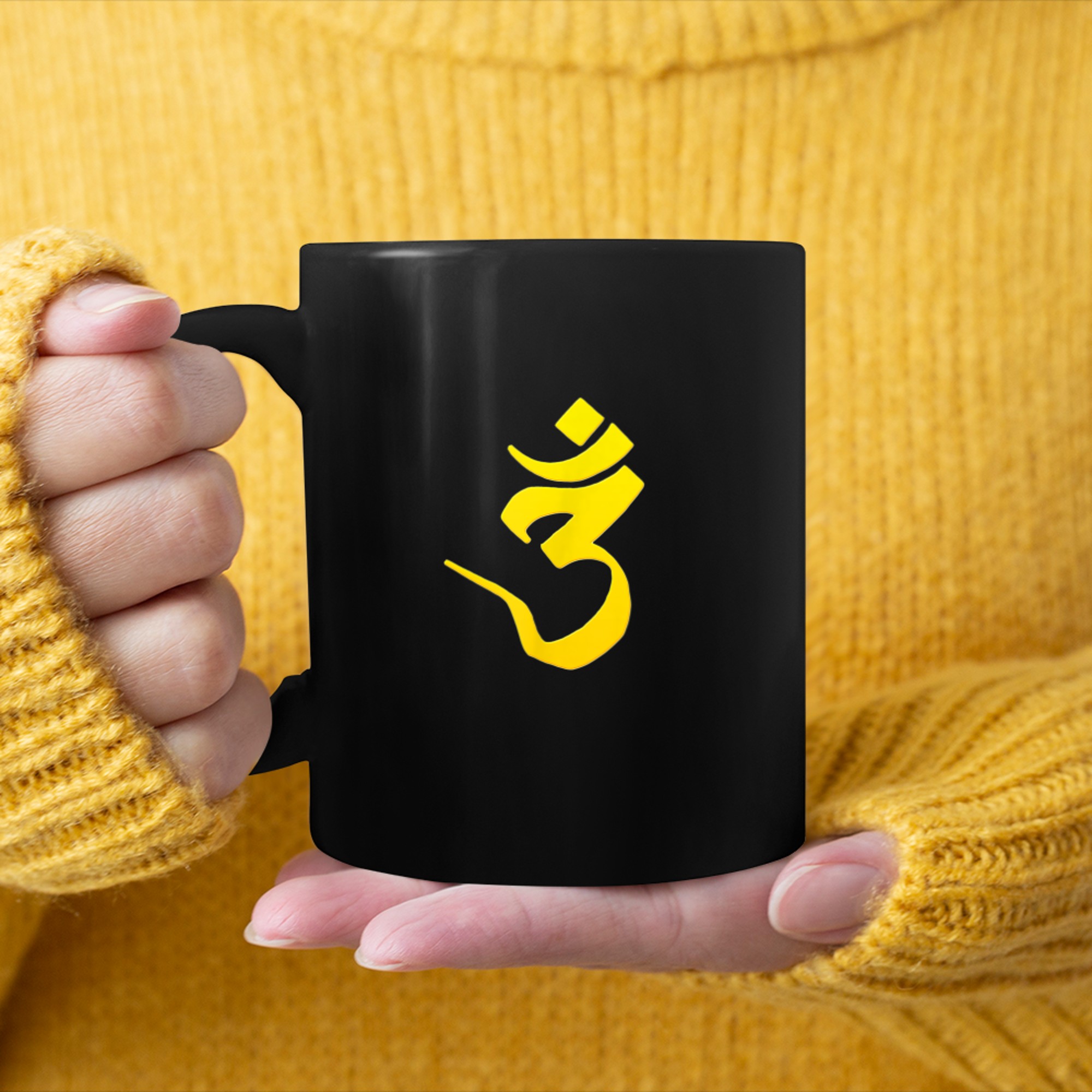 Yoga T-Shirt with Sanskrit OM Symbol mug black