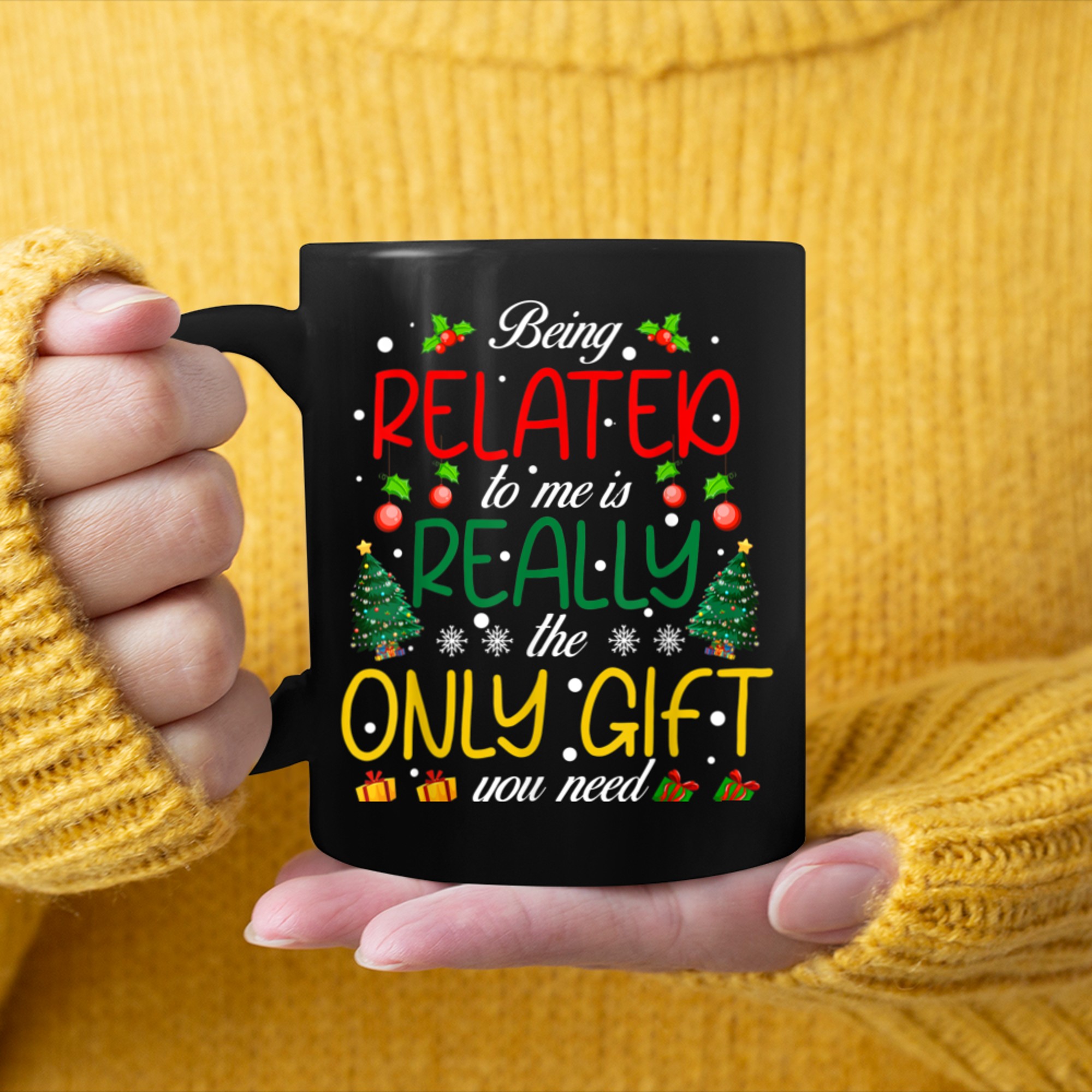 Being Related To Me Funny Christmas Family Xmas Pajamas (1) mug black