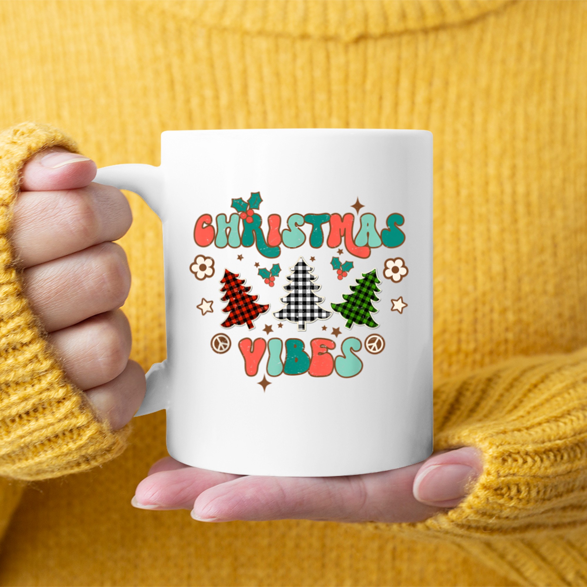 Christmas Vibes Buffalo Plaid Christmas Trees Family Holiday mug white