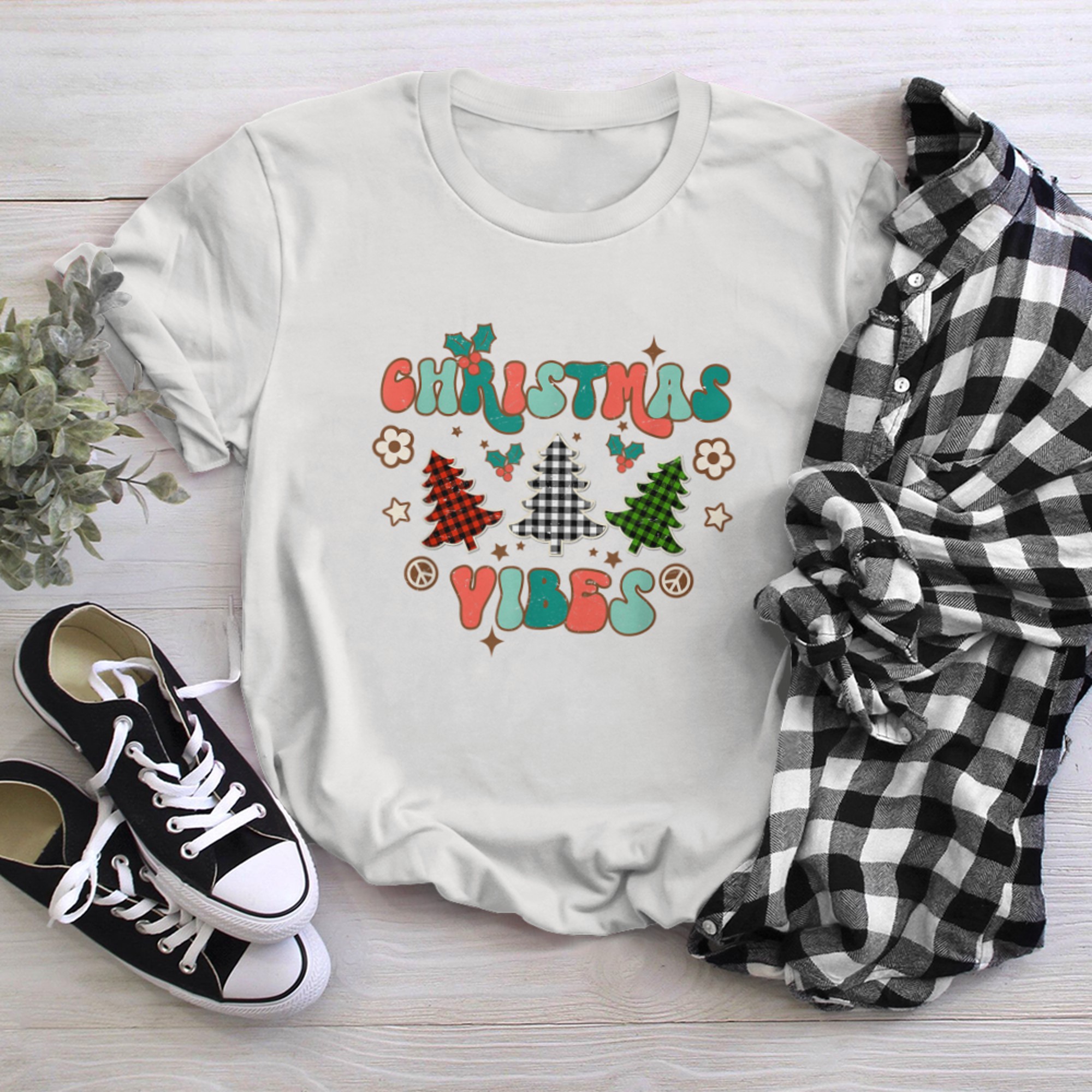 Christmas Vibes Buffalo Plaid Christmas Trees Family Holiday t-shirt White