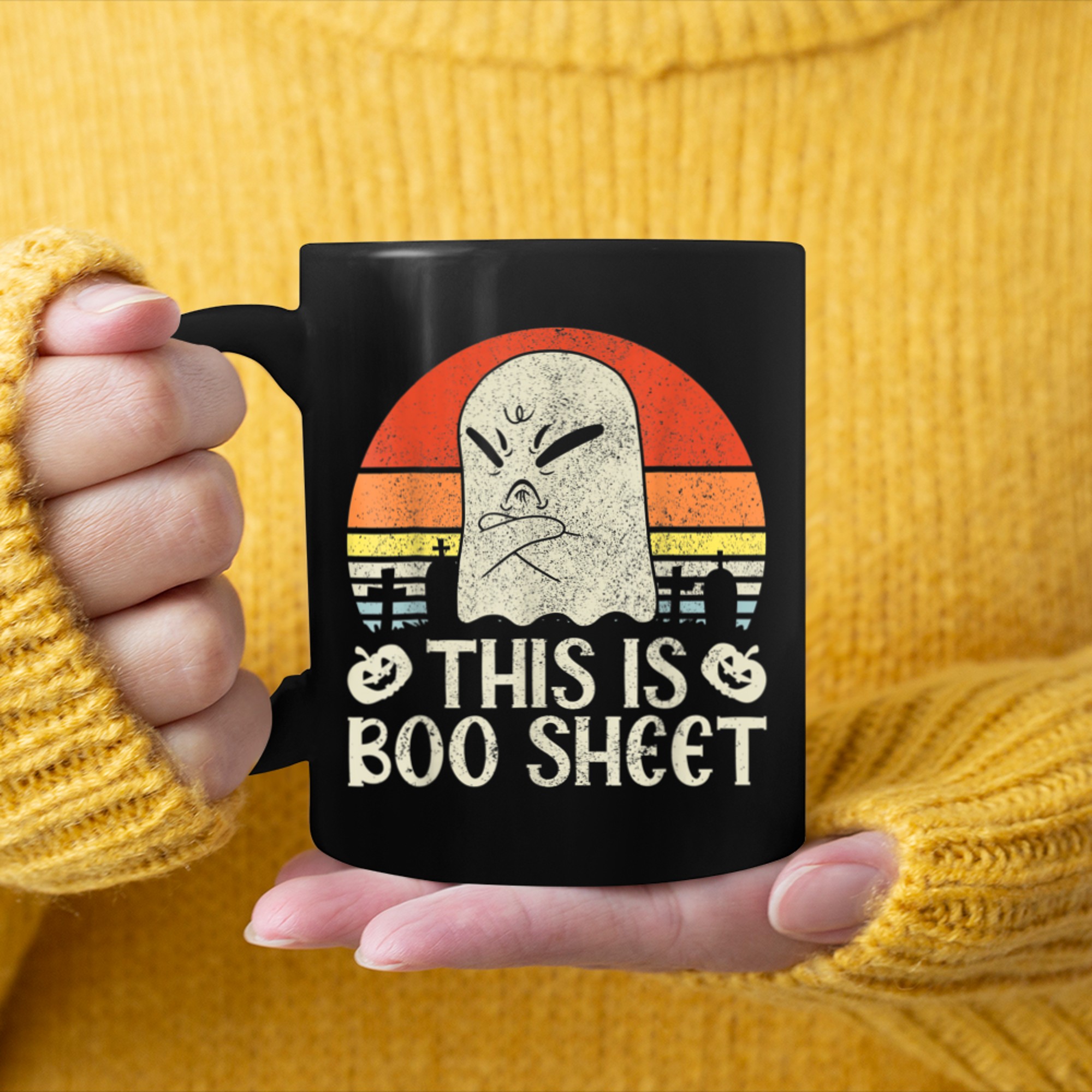 Ghost Retro Halloween Outfit, This Is Boo Sheet mug black