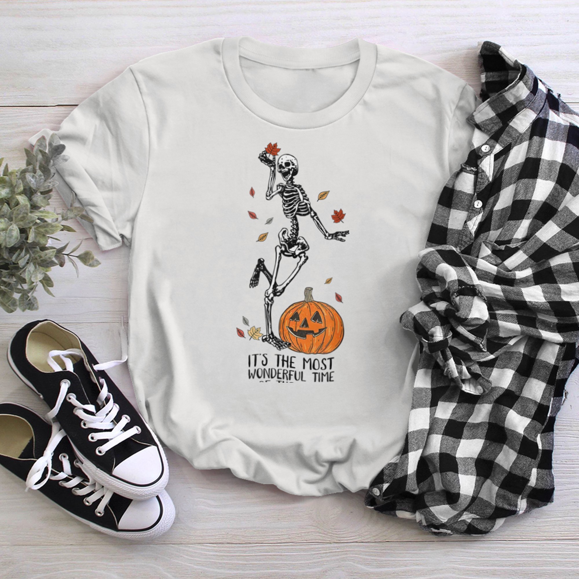 It's The Most Wonderful Time of The Year Autumn Skeleton t-shirt white