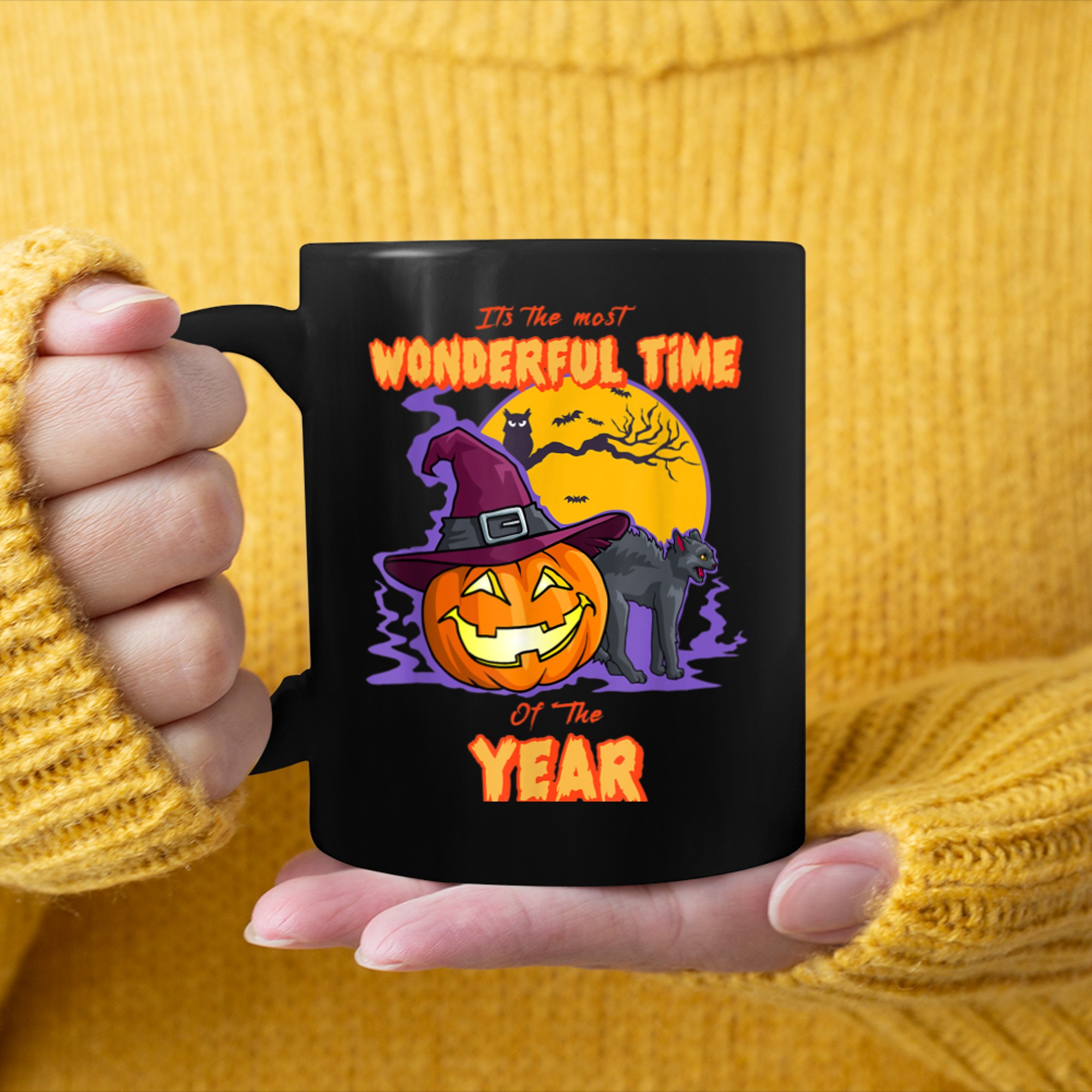 It's the Most Wonderful Time of the Year Black Cat Halloween (38) mug black