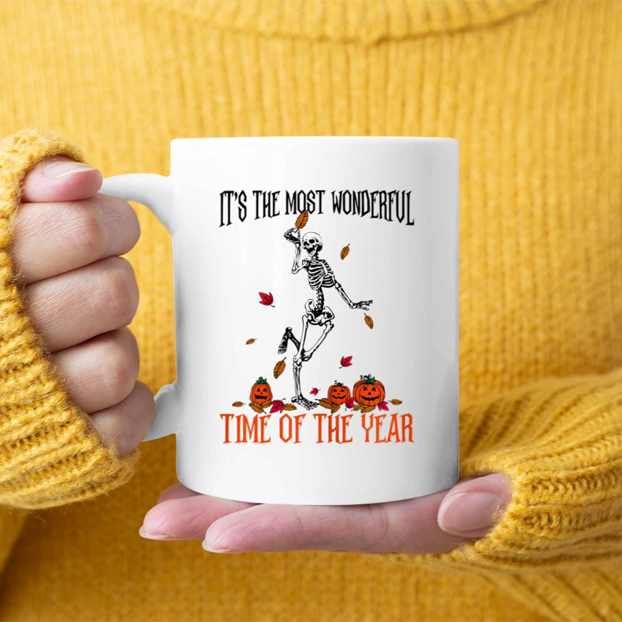 Its The Most Wonderful Time of The Year Fall Dancin Skeleton mug white