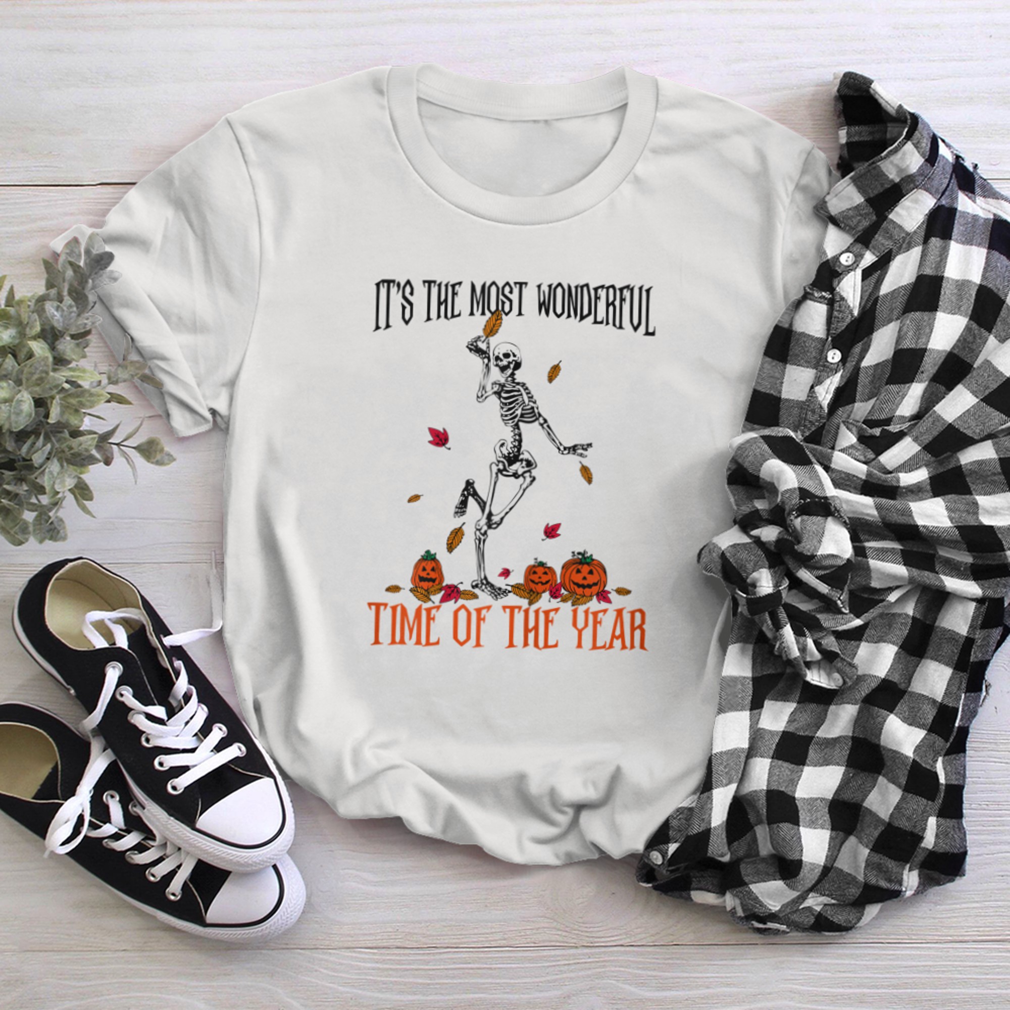 Its The Most Wonderful Time of The Year Fall Dancin Skeleton t-shirt white