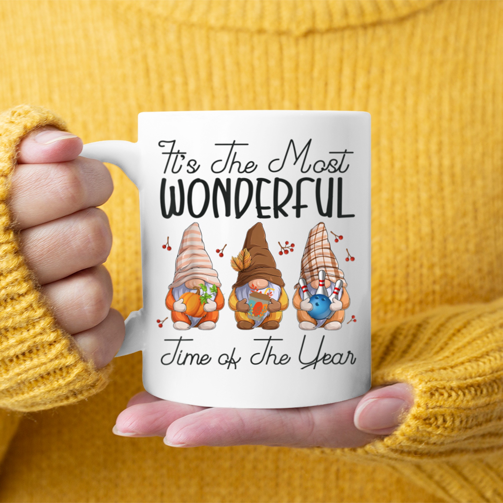 It's The Most Wonderful Time Of The Year Gnomes Bowling Love mug white