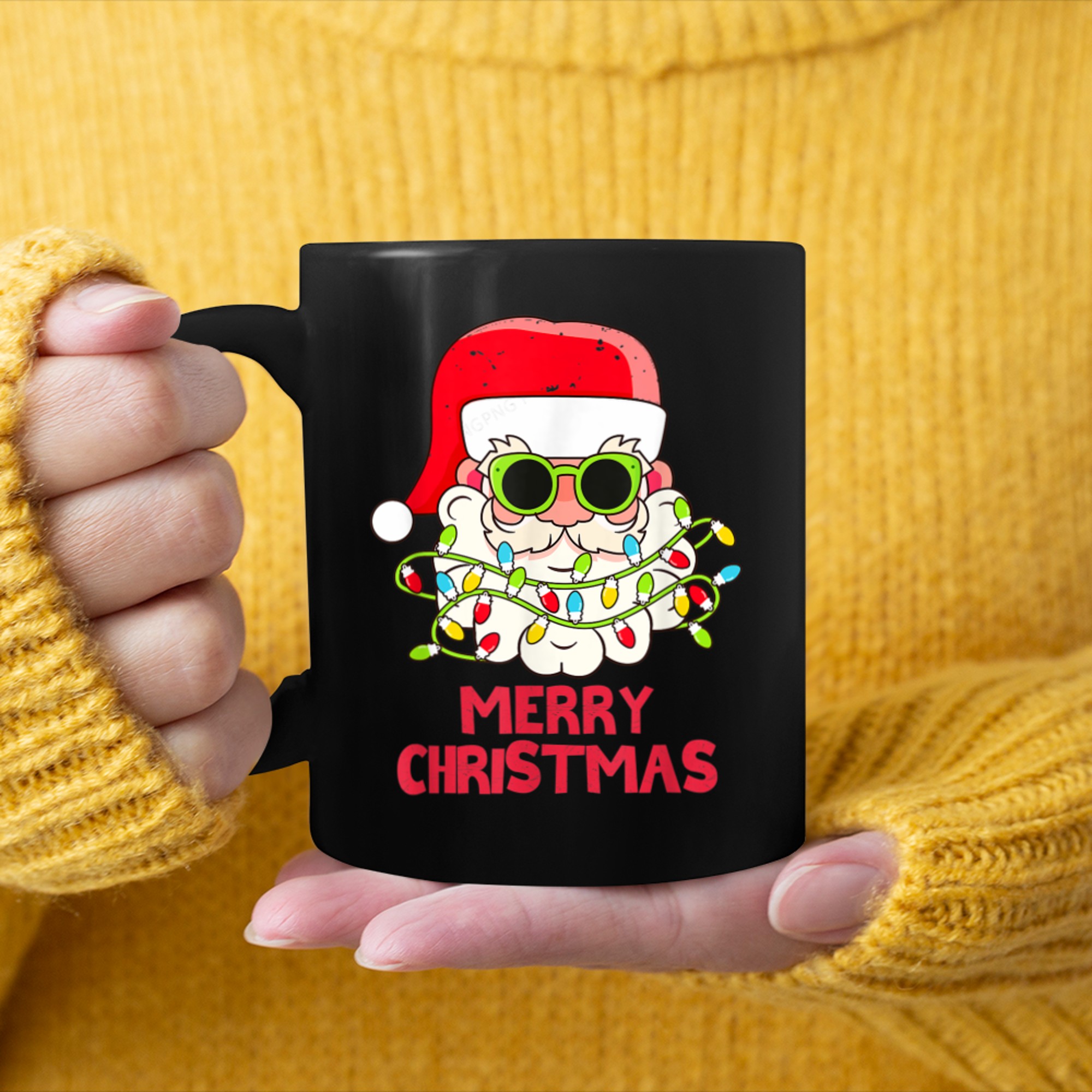 Merry Christmas Cute Santa Claus With Christmas Lights Pj's mug black