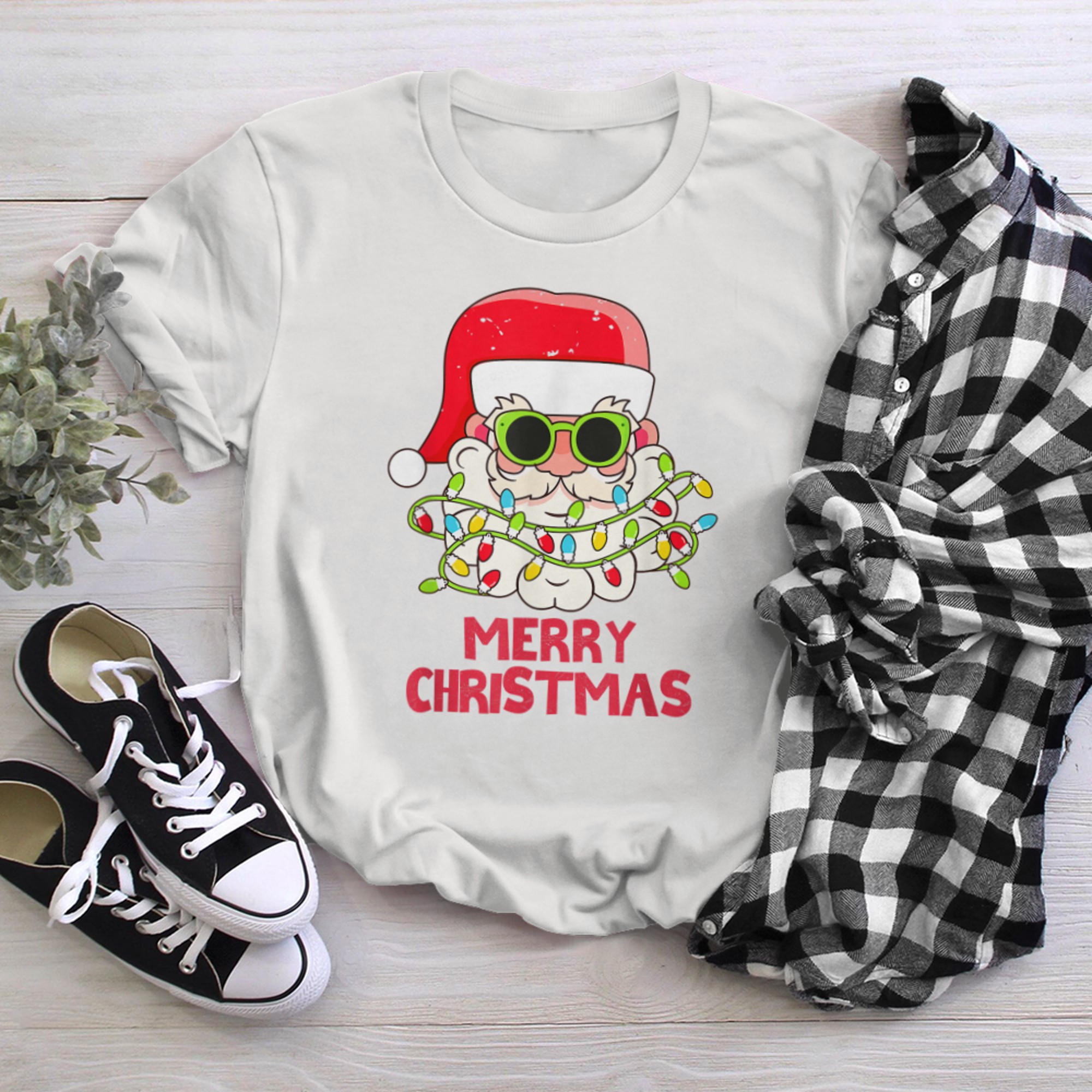 Merry Christmas Cute Santa Claus With Christmas Lights Pj's t-shirt White