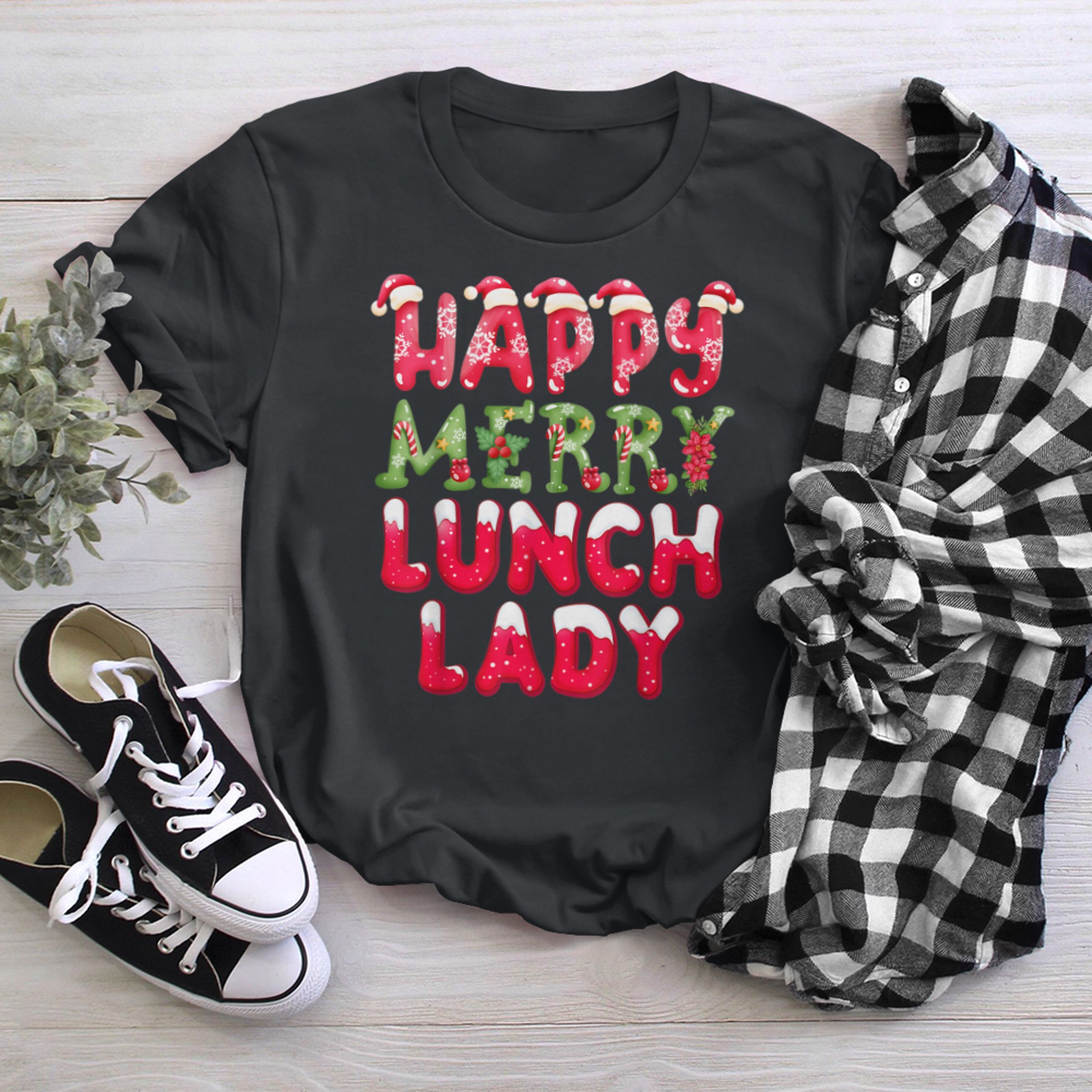 Merry Happy Lunch Lady New Year Christmas Cafeteria Crew (1) t-shirt black