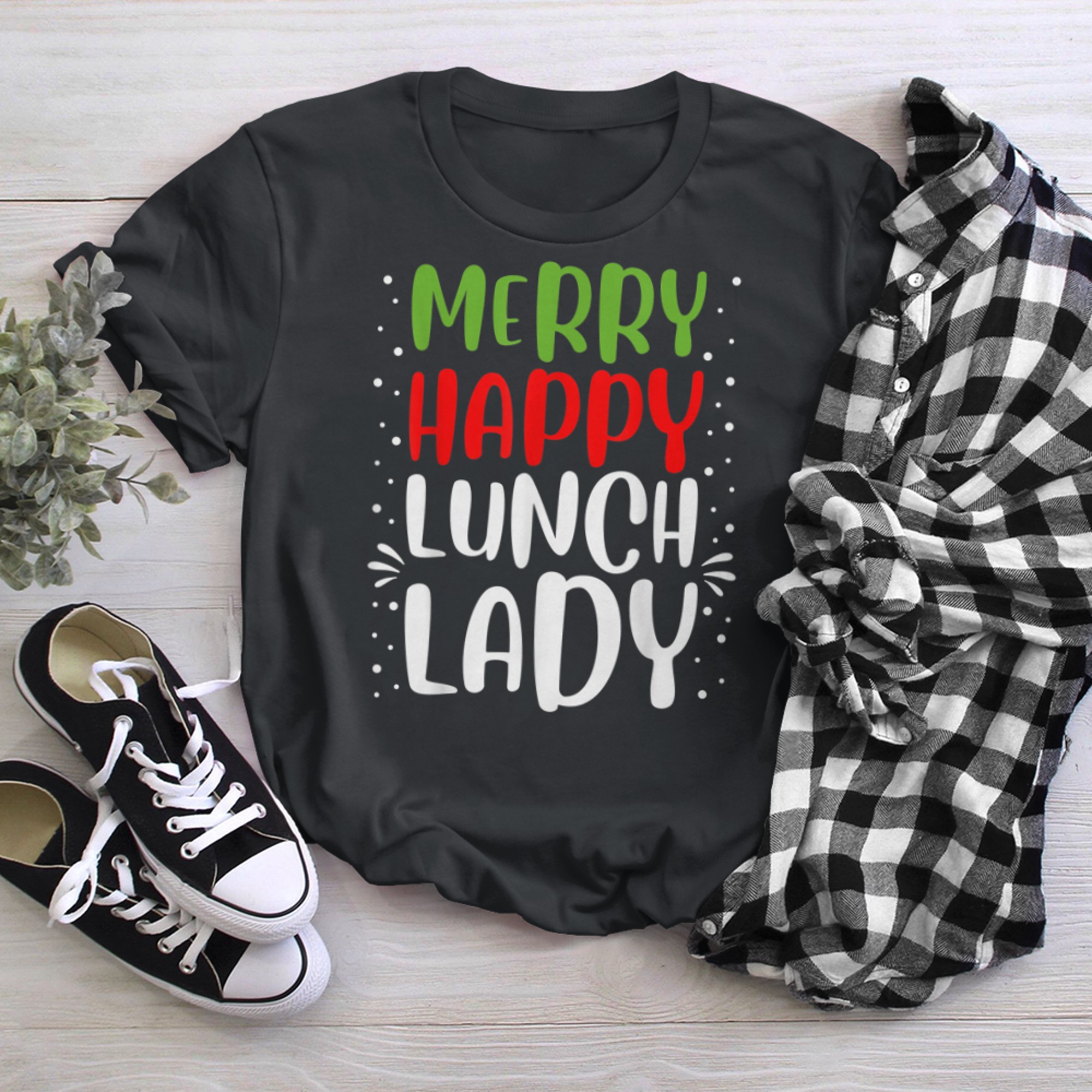 Merry Happy Lunch Lady New Year Christmas Cafeteria Crew (2) t-shirt black