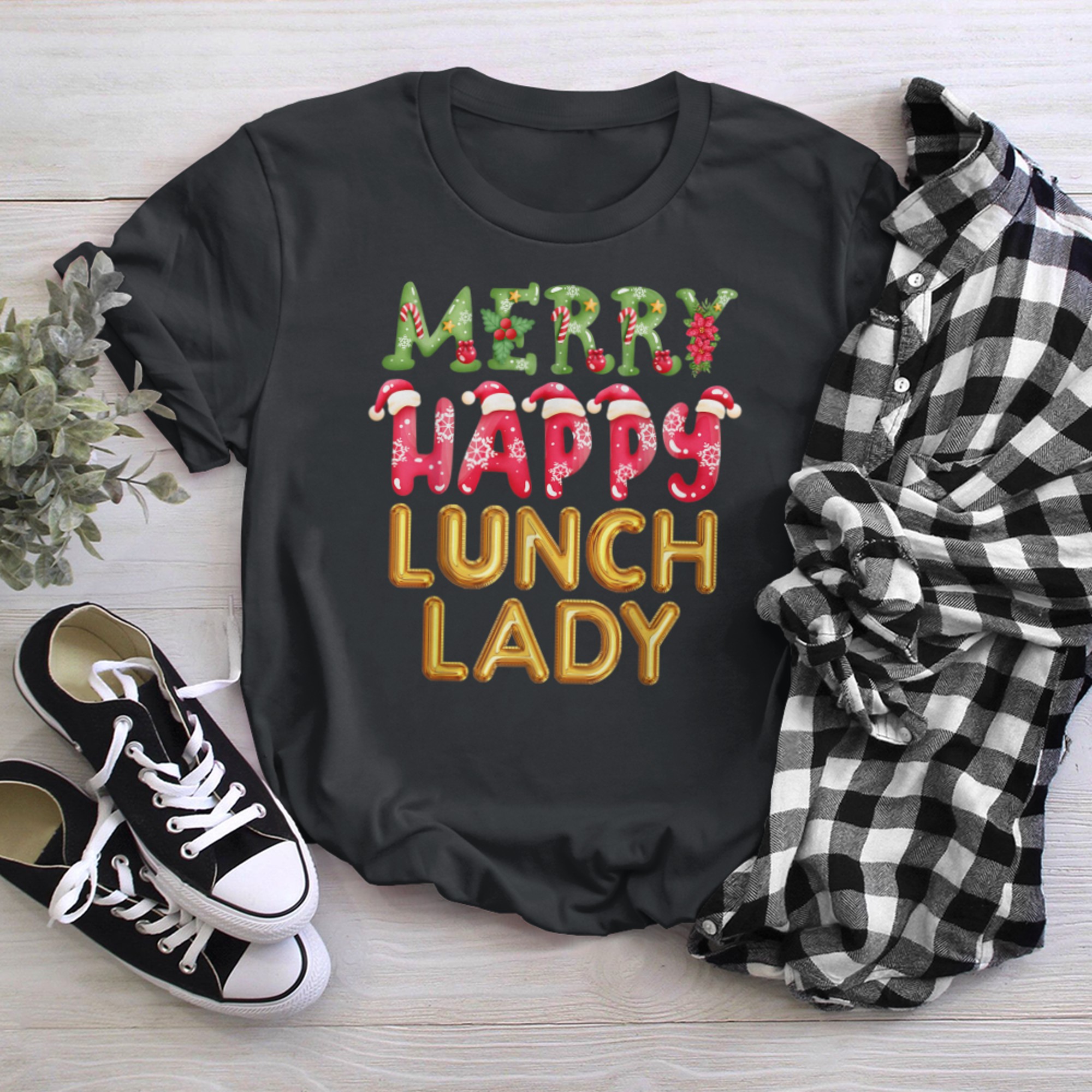 Merry Happy Lunch Lady New Year Christmas Cafeteria Crew (3) t-shirt black